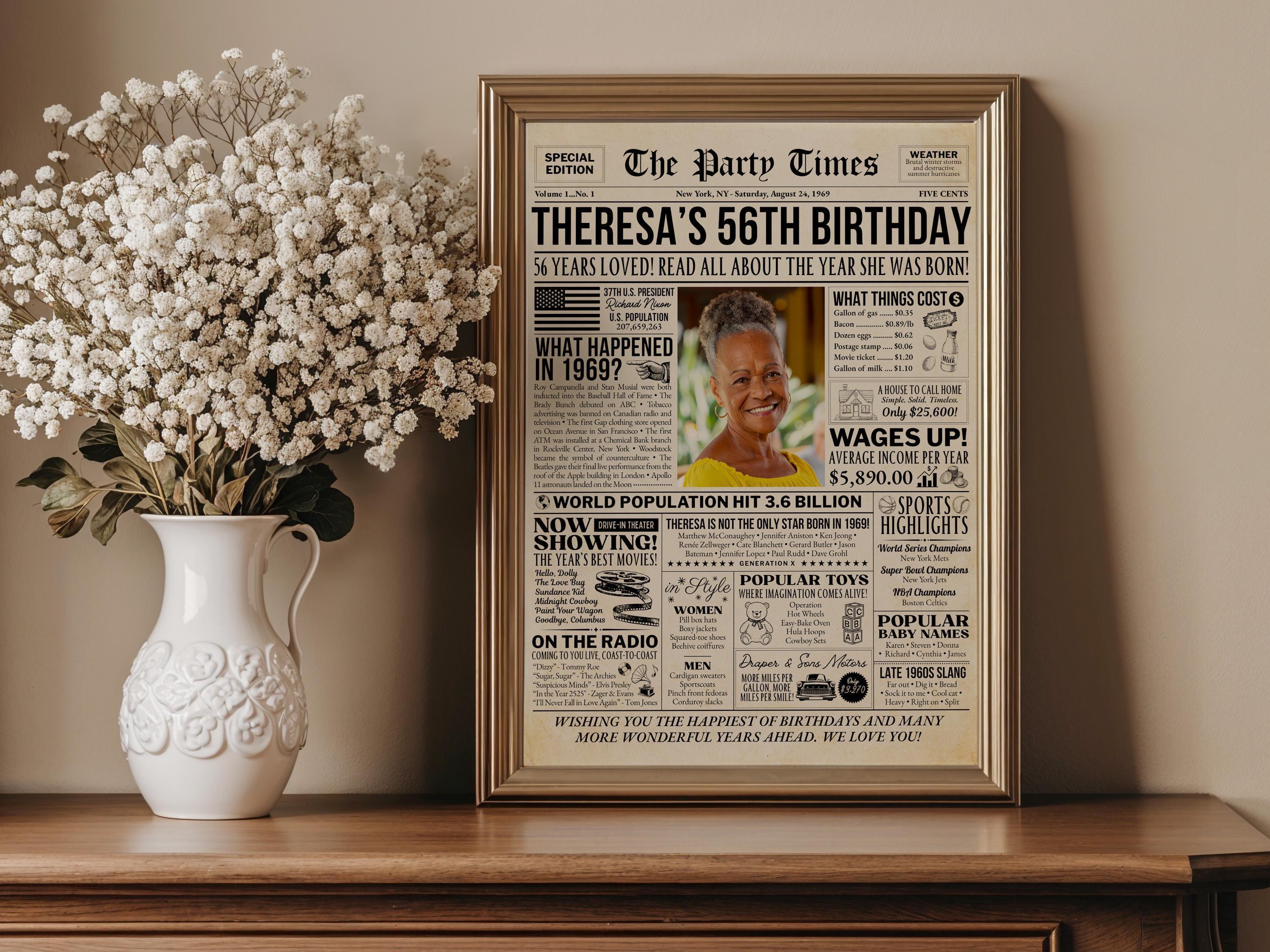 56th Birthday Newspaper Poster Sign, Back in 1969 Birthday Gift For Mom or Dad, Custom Nostalgic Keepsake Printable DIY, Edit With Canva