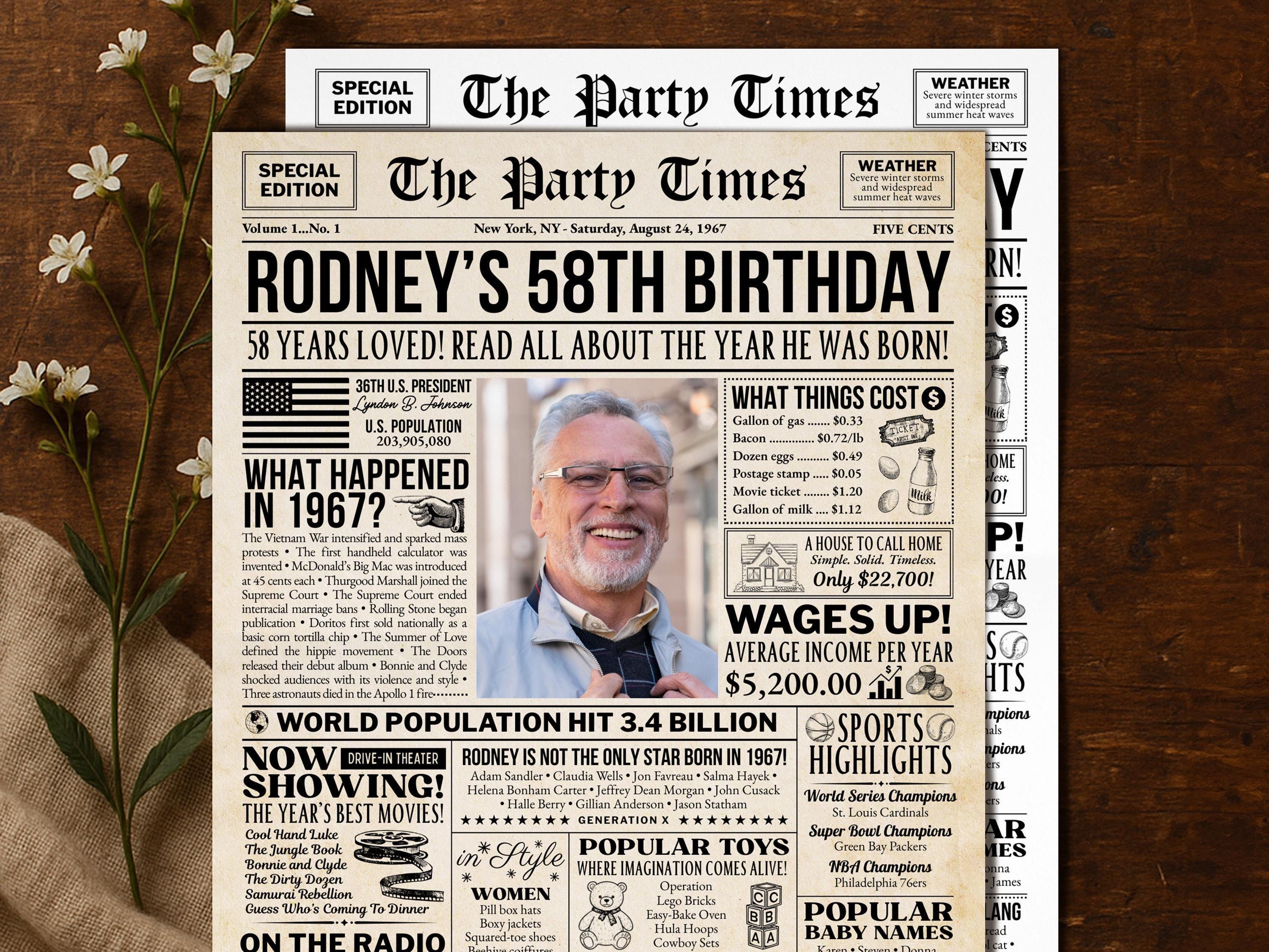 58th Birthday Gift, Back in 1967 Newspaper Poster Sign, Personalized Gift for Grandpa, USA Fun Facts Party Keepsake, Edit With Canva