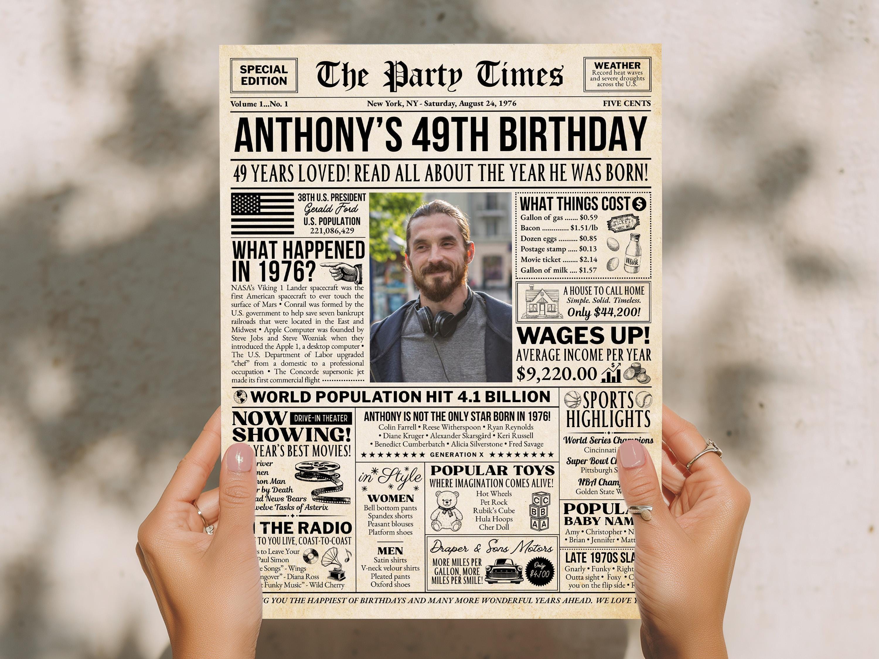 Vintage 1976 Newspaper Poster, 49th Birthday Gift, Unique Retro Personalized Birthday Print, Party Decoration Keepsake, Edit With Canva