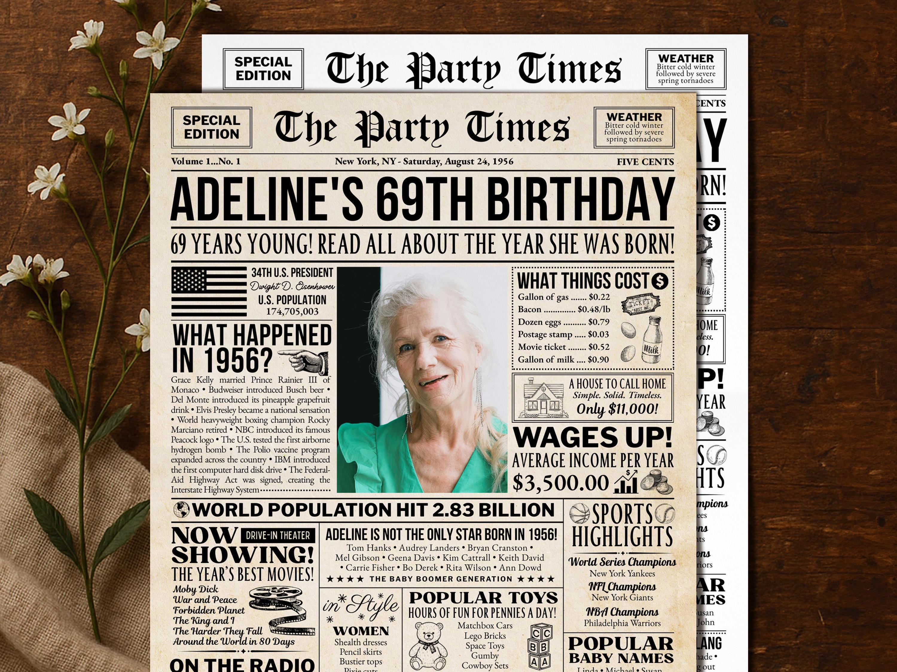 69th Birthday Newspaper Poster Sign, Back in 1956 USA Fun Facts Party Sign, Editable 50s Throwback Party Decoration, Edit With Canva