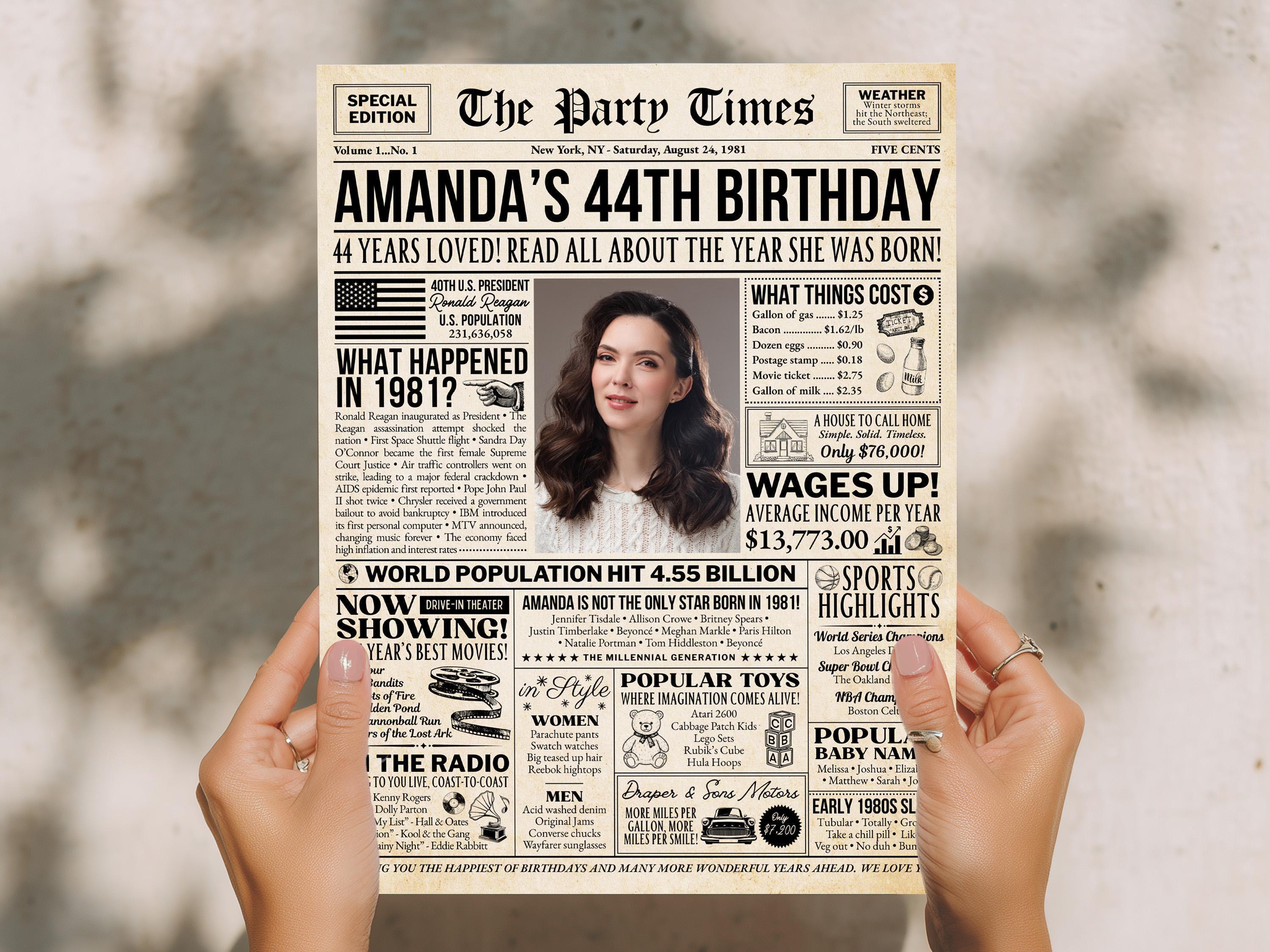 44th Birthday Newspaper Poster, Back In 1981 Party Welcome Decoration Sign, Editable 44 Years Loved Any Age Printable, Edit With Canva