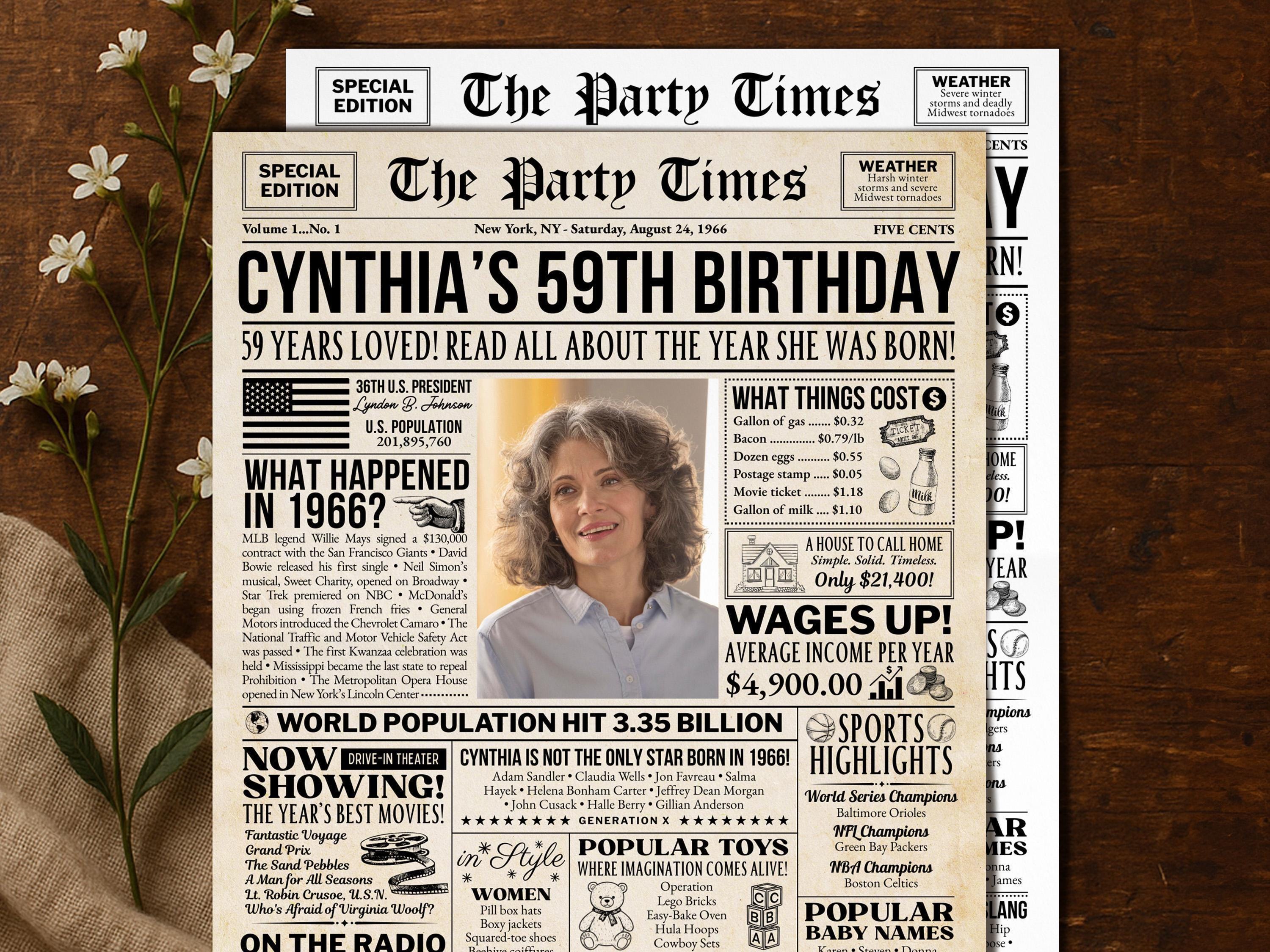 59th Birthday Newspaper Poster Sign, Back in 1966 USA Fun Facts Party Sign, Editable Vintage Style Birthday Decoration, Edit With Canva