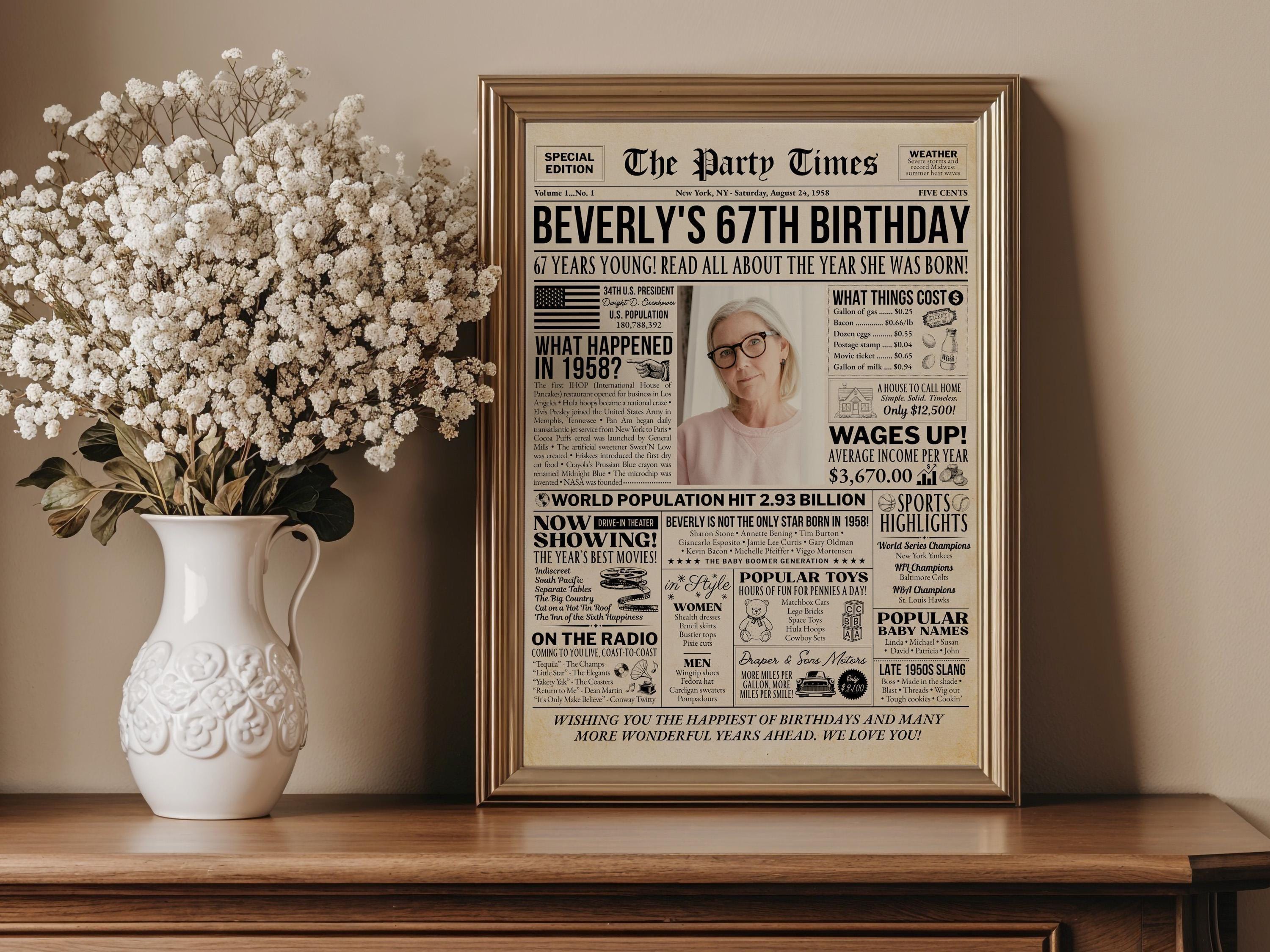 67th Birthday Gift, Back in 1958 Newspaper Poster, Personalized Gift for Granny, Unique Vintage Birthday Keepsake Printable, Edit With Canva