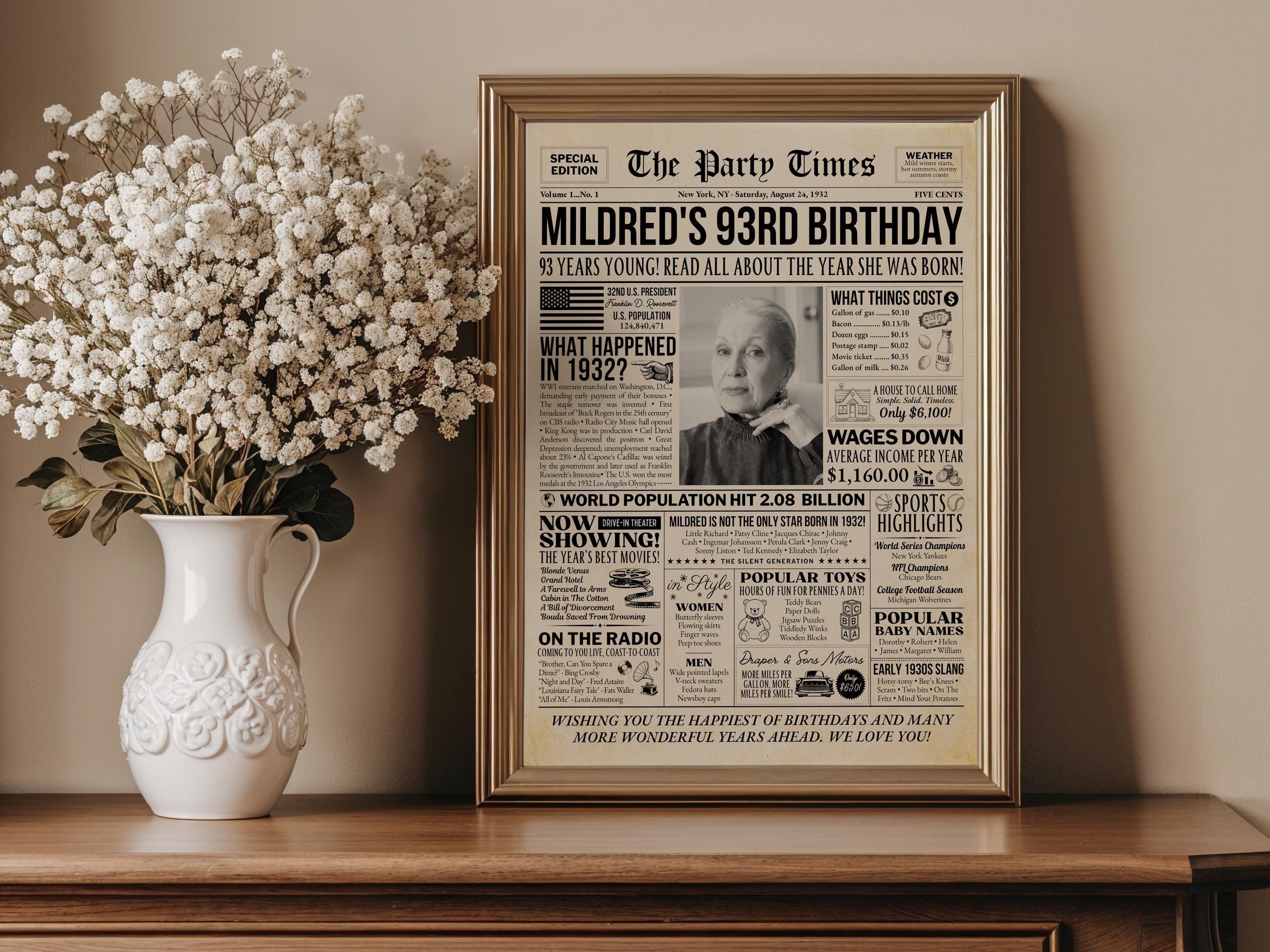 93rd Birthday Newspaper Poster Sign, Back in 1932 USA Fun Facts Party Sign, Editable Vintage Style Birthday Decoration, Edit With Canva