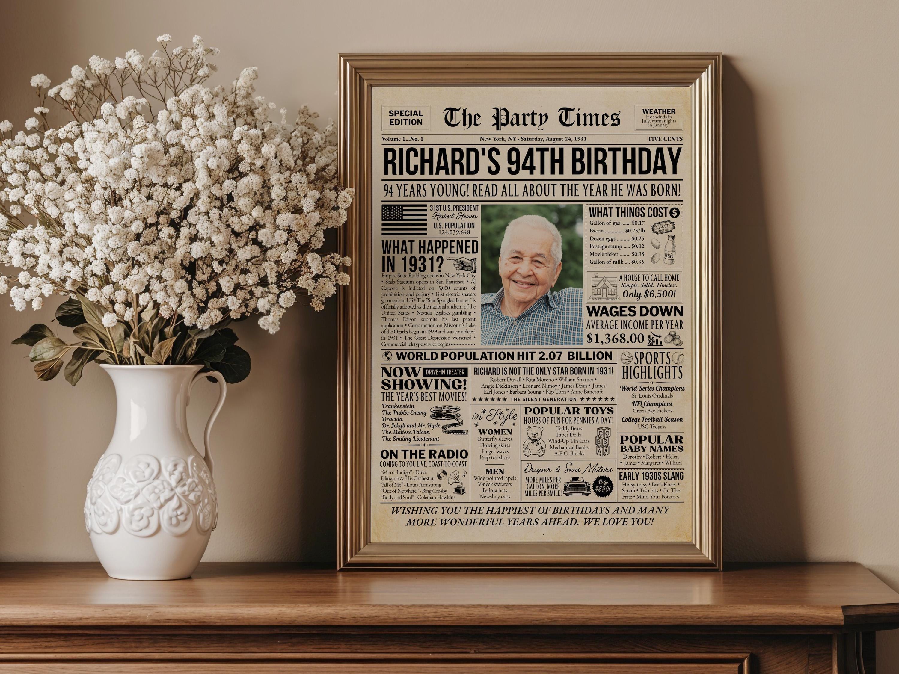 94th Birthday Newspaper Sign, Back in 1931 Poster, Year You Were Born, Editable Custom Year Print, DIY Gift For Grandpa, Edit With Canva