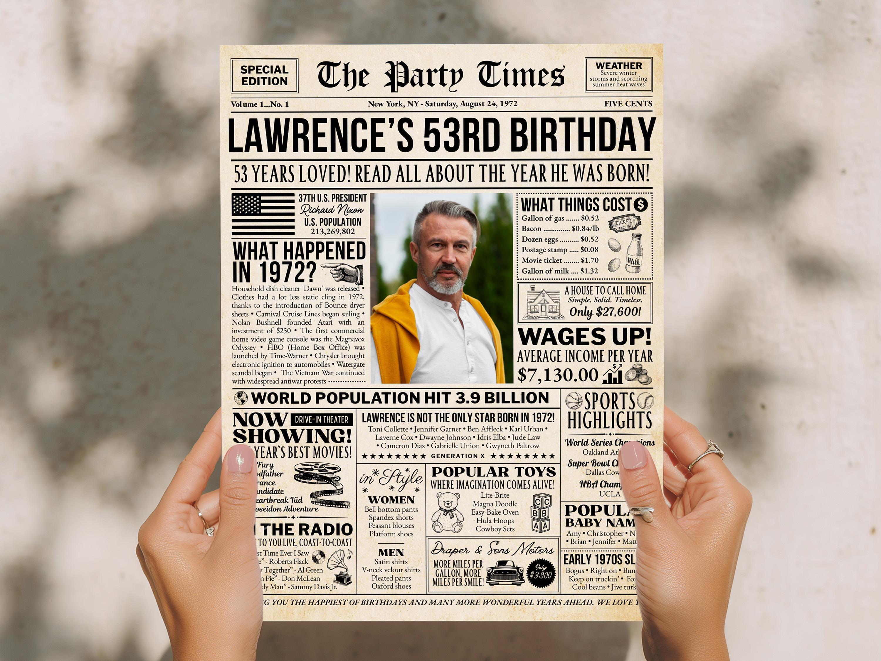 53rd Birthday Gift, Born In 1972 Newspaper Poster, Vintage Retro Birthday Sign Printable, Personalized Gift For Him Or Her, Edit With Canva
