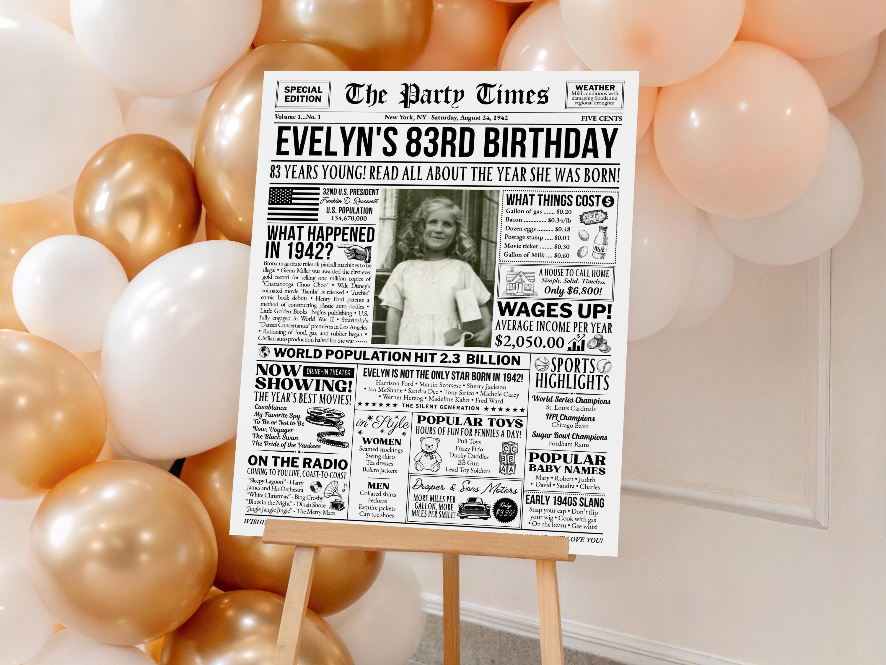 83rd Birthday Newspaper Poster Sign, Back in 1942 USA Fun Facts Party Sign, Editable Vintage Style Birthday Decoration, Edit With Canva
