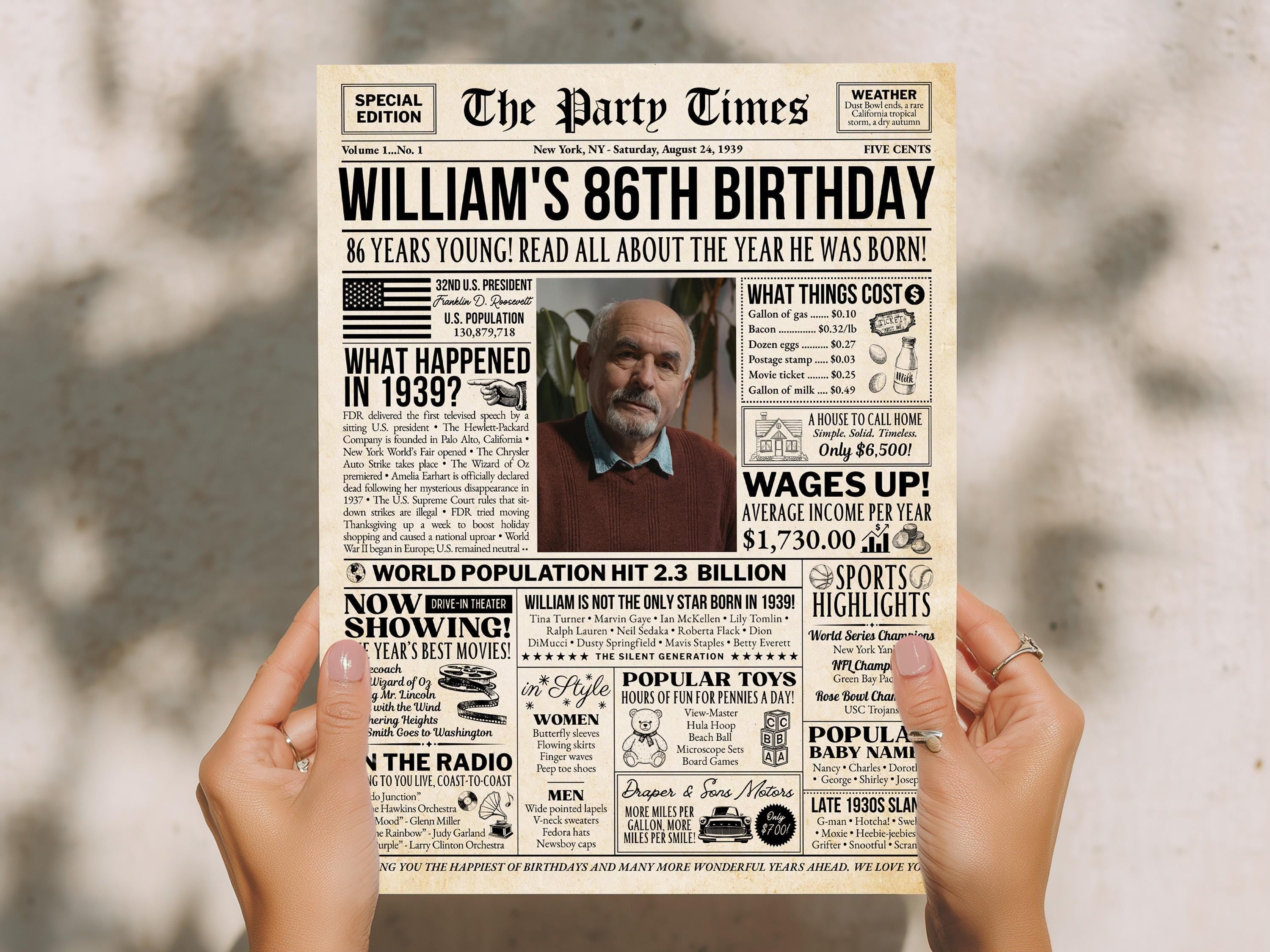86th Birthday Gift, Back in 1939 Newspaper Poster Sign, 30s Theme Party Personalized Gift, USA Fun Facts Party Keepsake, Edit With Canva