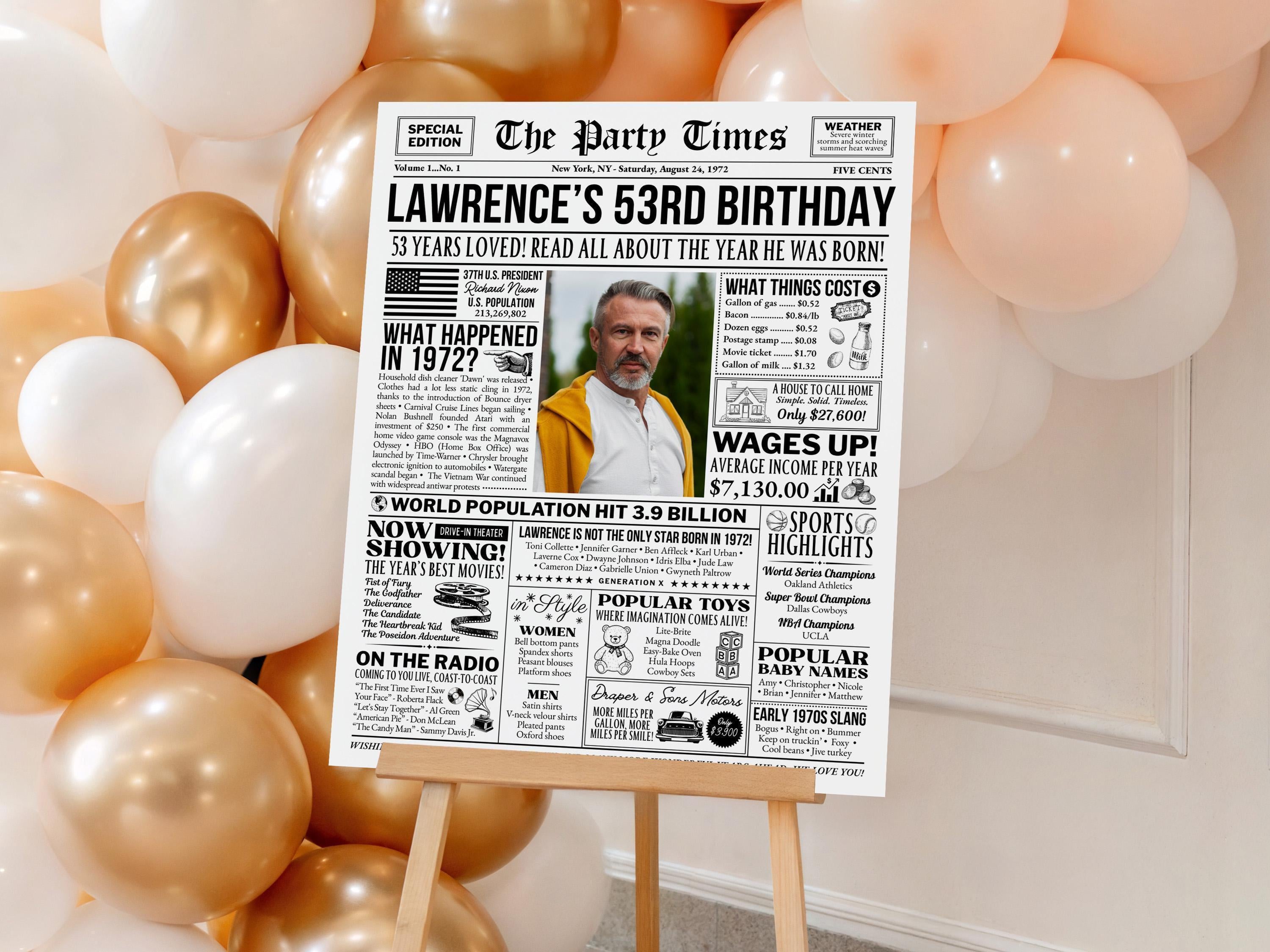53rd Birthday Gift, Born In 1972 Newspaper Poster, Vintage Retro Birthday Sign Printable, Personalized Gift For Him Or Her, Edit With Canva