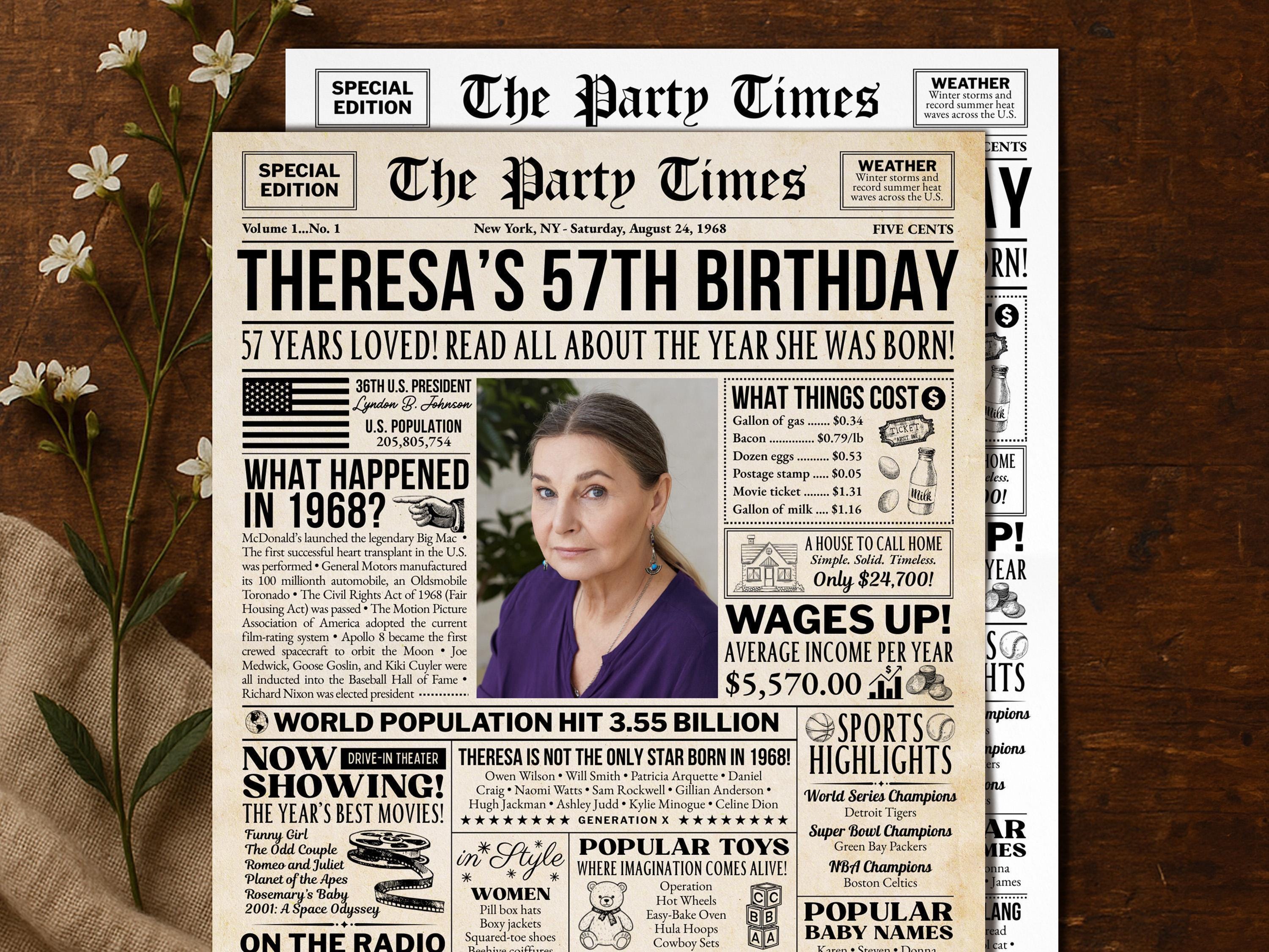 57th Birthday Newspaper Poster Sign, Back in 1968 USA Facts, Editable 57 Years Ago Vintage Style Birthday Party Decoration, Edit With Canva