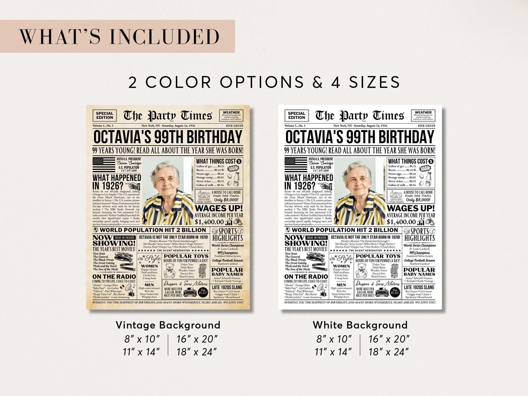 99th Birthday Newspaper Poster Sign, Back in 1926 USA Fun Facts Party Sign, Editable Vintage Style Birthday Decoration, Edit With Canva