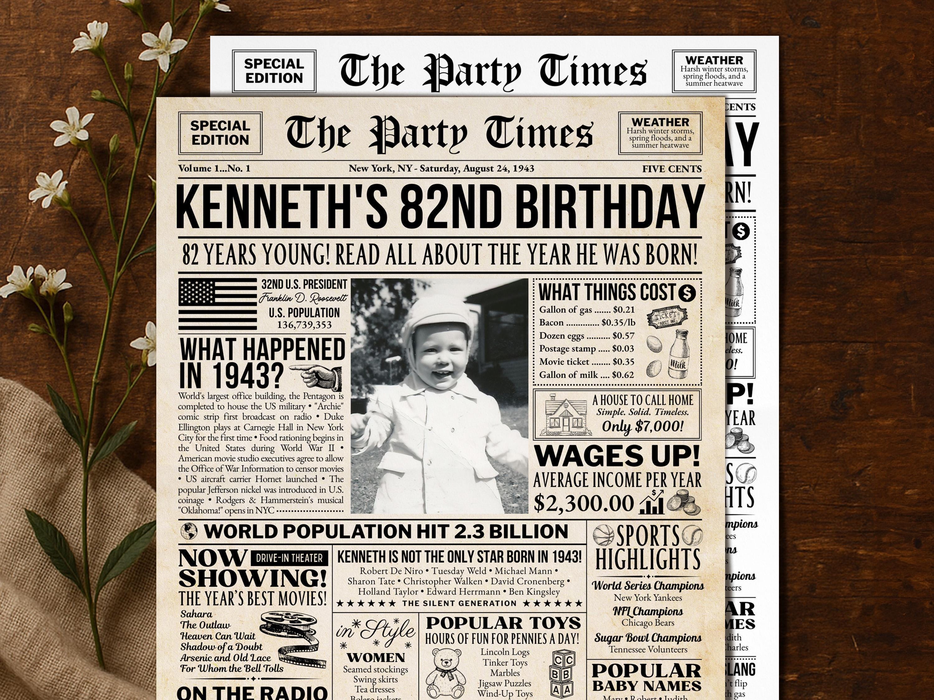 82nd Birthday Newspaper Poster Sign, Back in 1943 USA Facts, Editable 82 Years Ago Vintage Style Birthday Party Decoration, Edit With Canva