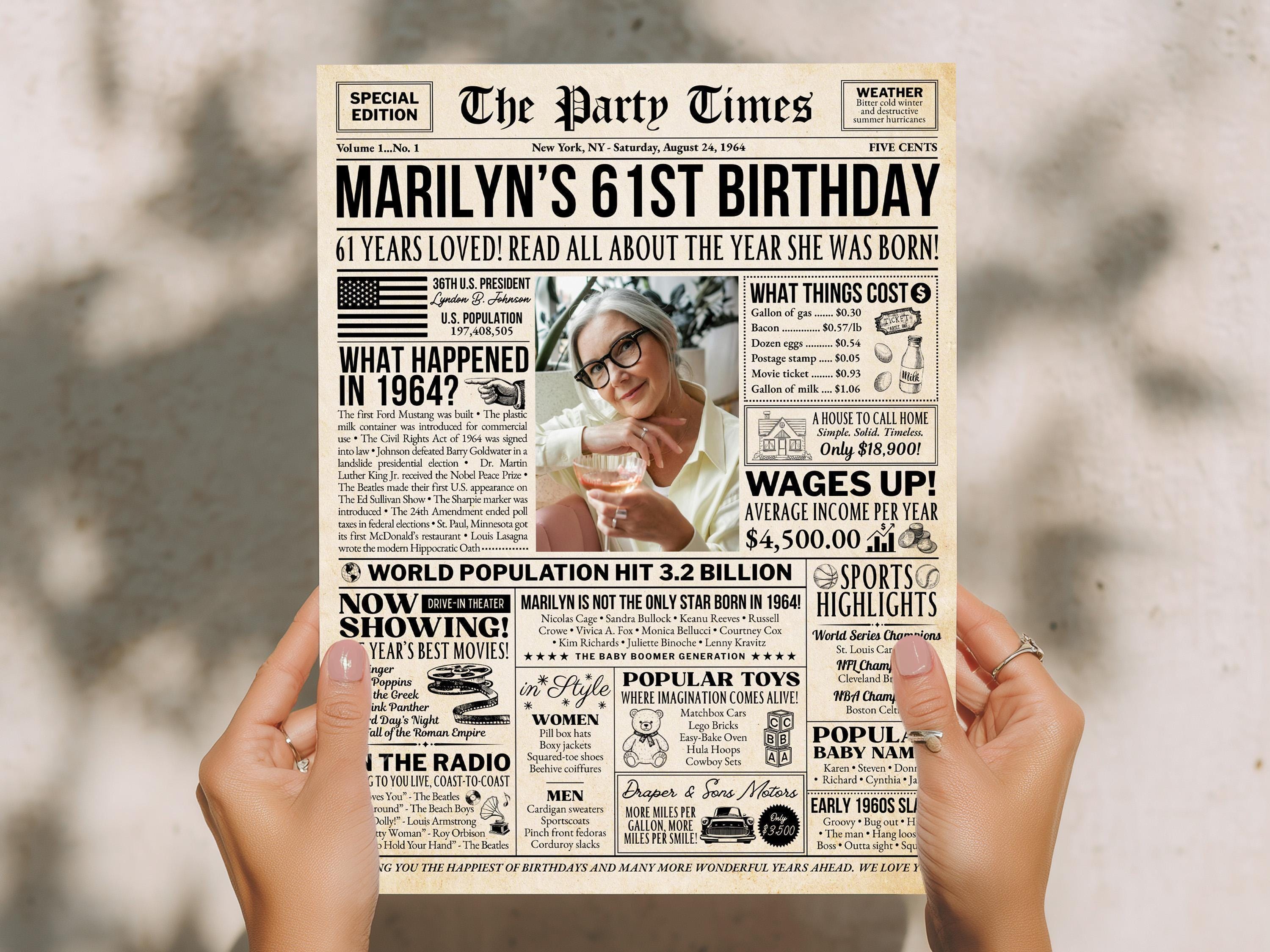 61st Birthday Newspaper Poster Sign, Back in 1964 Gift for Men or Women, 60s Theme Party Milestone Party Decorations, Edit With Canva