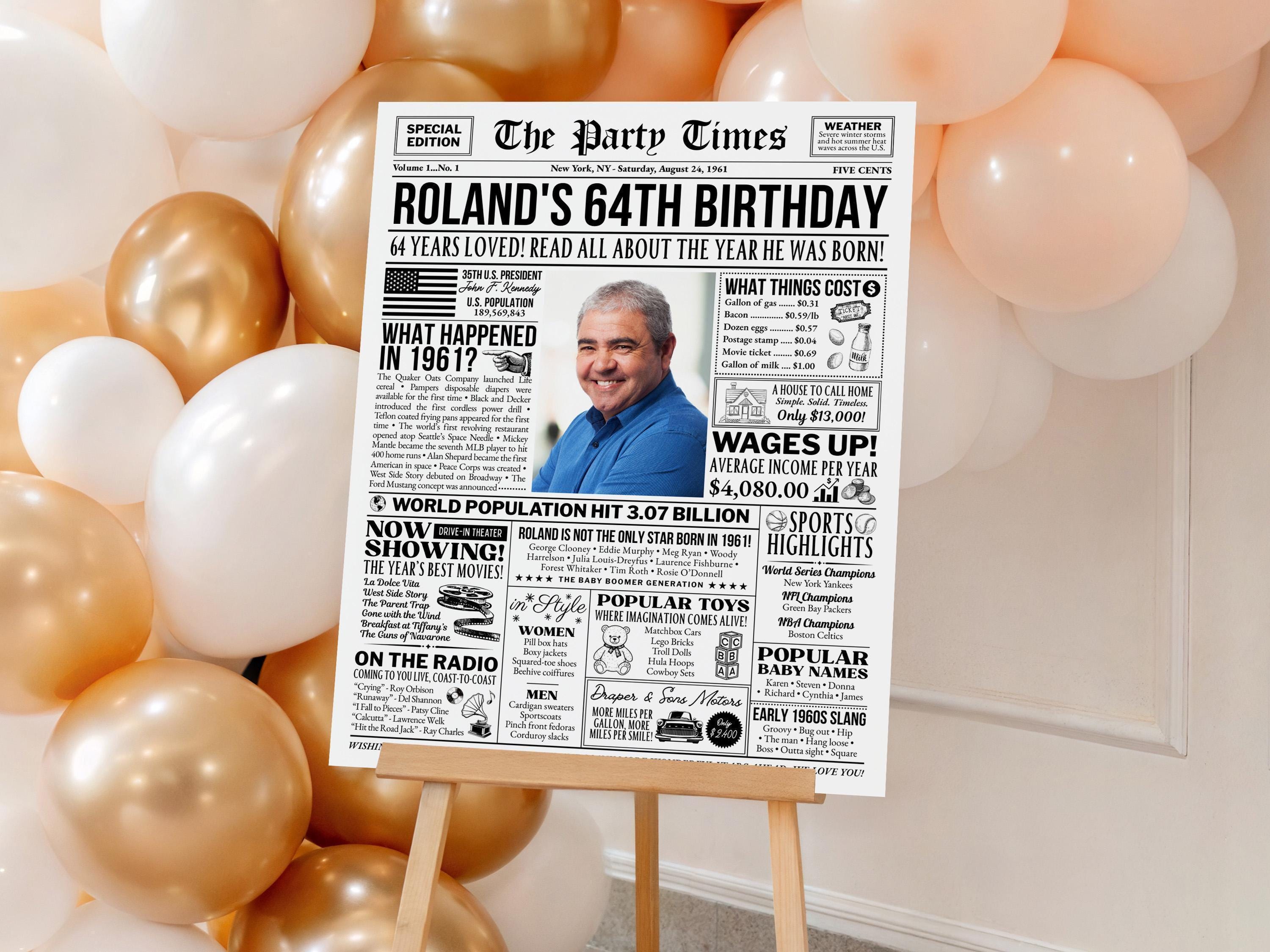 64th Birthday Newspaper Poster Sign, Back In 1961 Birthday Gift For Men Or Women, 64 Years Ago Party Decorations Printable, Edit With Canva