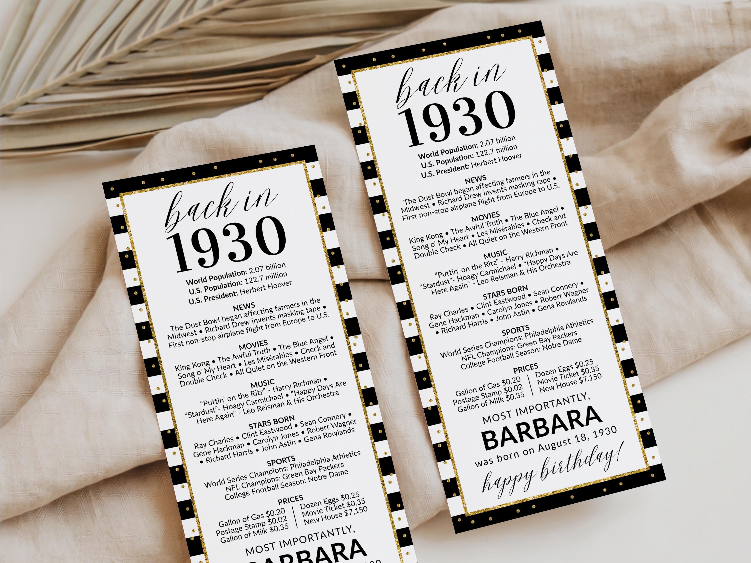 95th Birthday Place Cards, Editable Back In 1930 Party Decorations, 95th Milestone Birthday Trivia Table Cards Printable, Edit With Canva