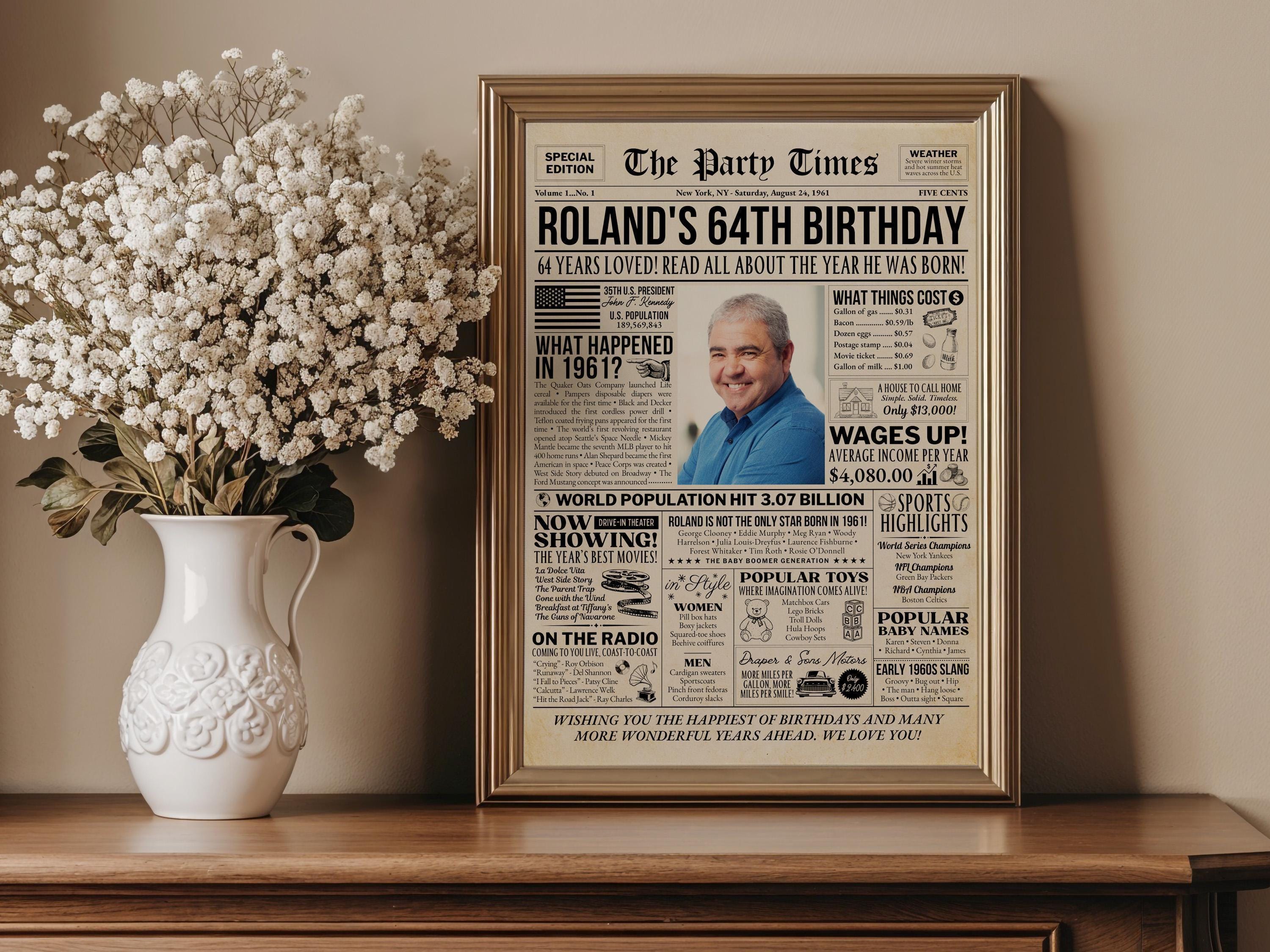 64th Birthday Newspaper Poster Sign, Back In 1961 Birthday Gift For Men Or Women, 64 Years Ago Party Decorations Printable, Edit With Canva