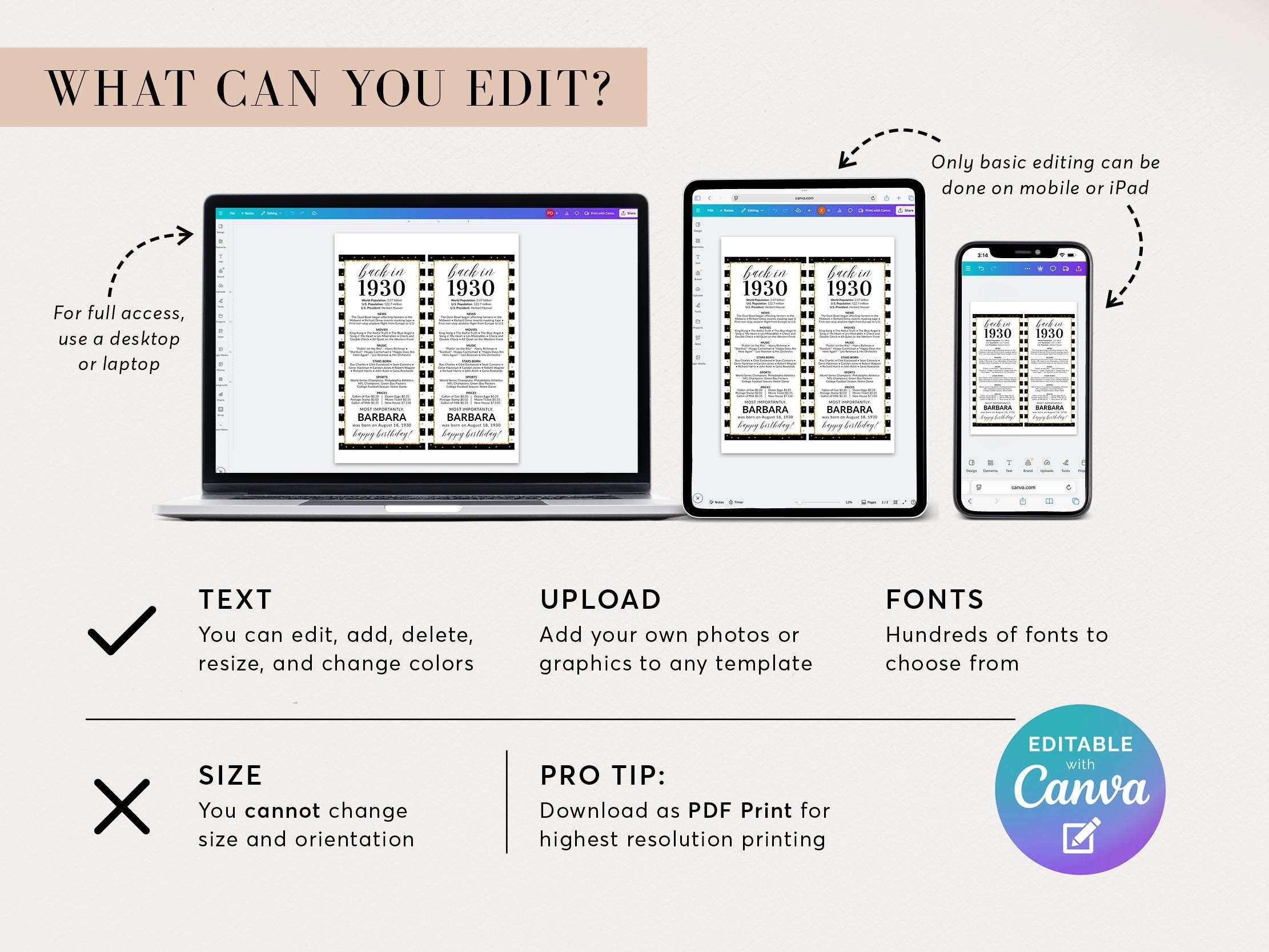 95th Birthday Place Cards, Editable Back In 1930 Party Decorations, 95th Milestone Birthday Trivia Table Cards Printable, Edit With Canva