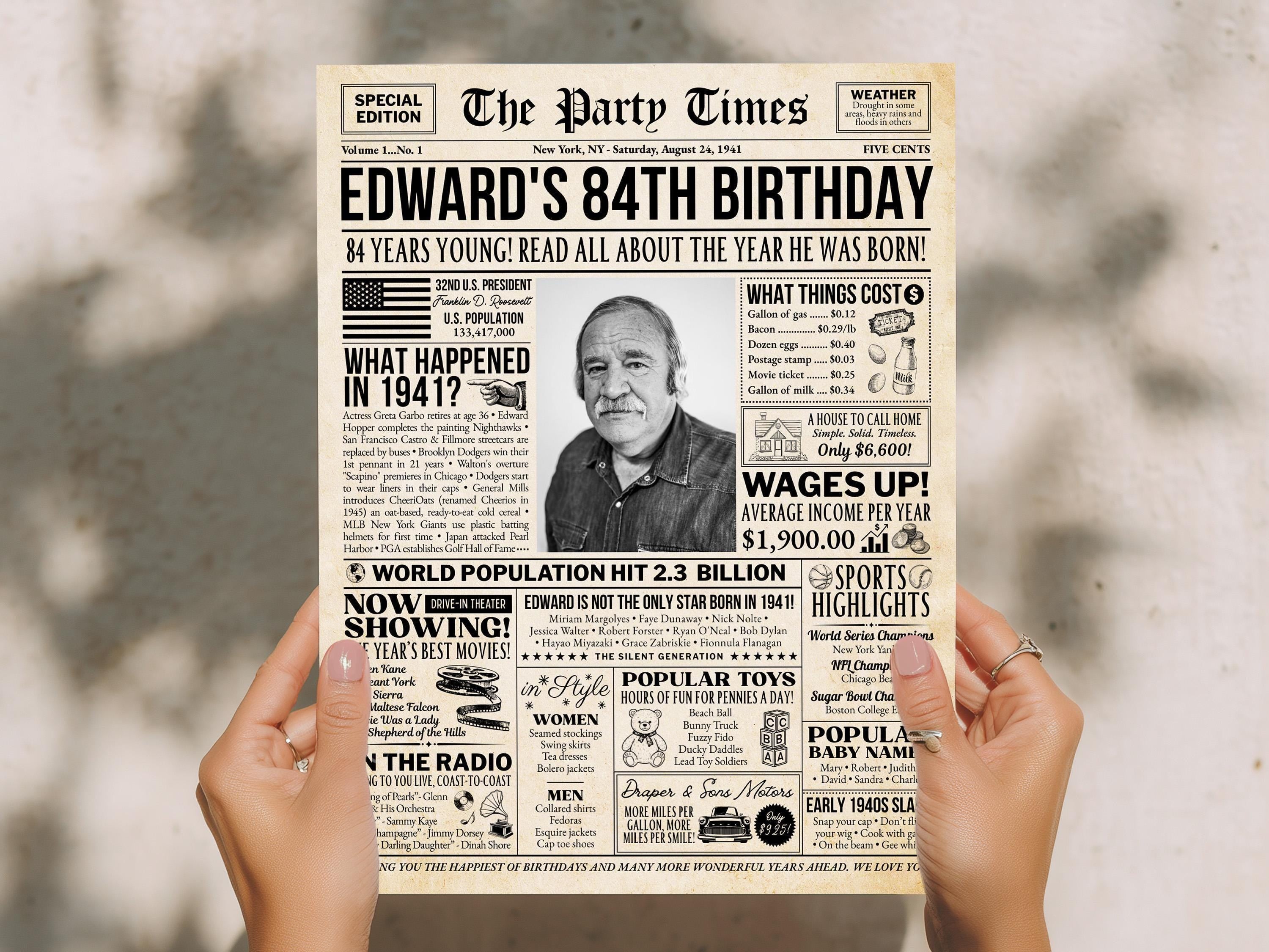 84th Birthday Celebration Sign, Back in 1941 Newspaper Poster, Custom Gift for Seniors, Photo Birthday Welcome Sign, Edit With Canva