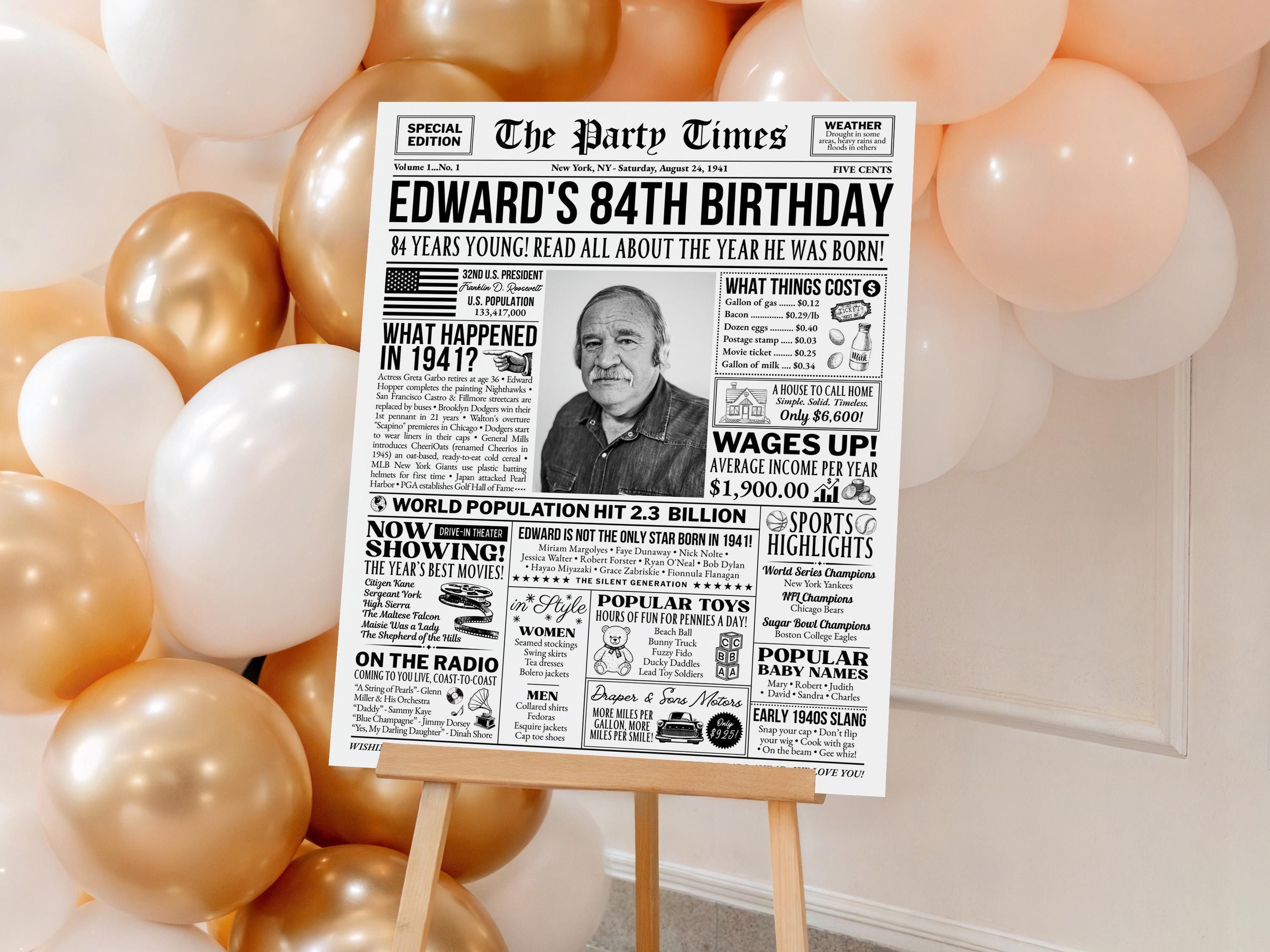 84th Birthday Celebration Sign, Back in 1941 Newspaper Poster, Custom Gift for Seniors, Photo Birthday Welcome Sign, Edit With Canva
