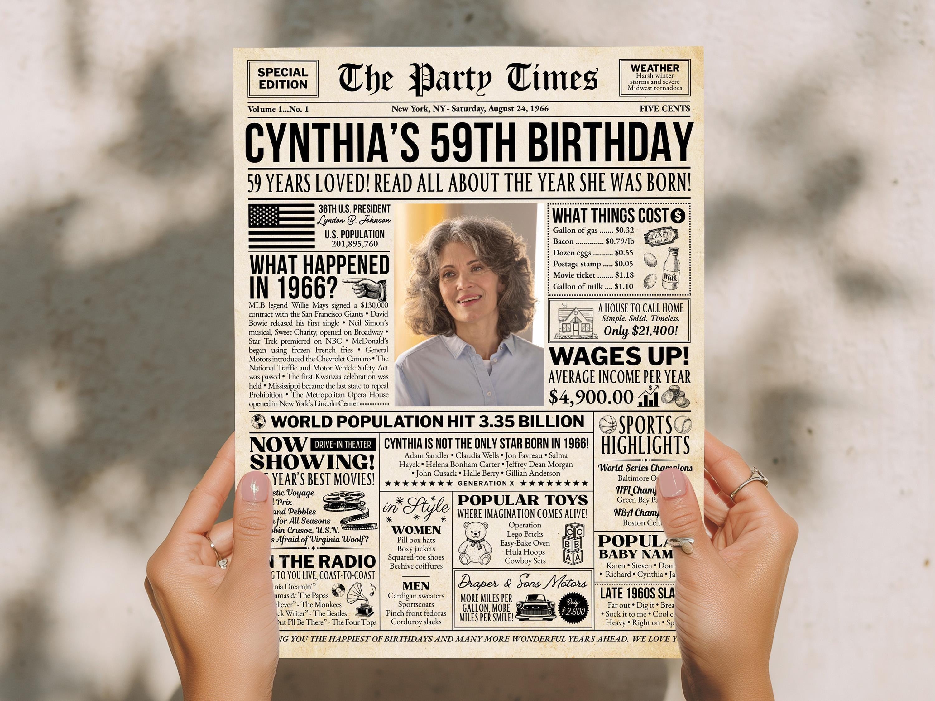 59th Birthday Newspaper Poster Sign, Back in 1966 USA Fun Facts Party Sign, Editable Vintage Style Birthday Decoration, Edit With Canva