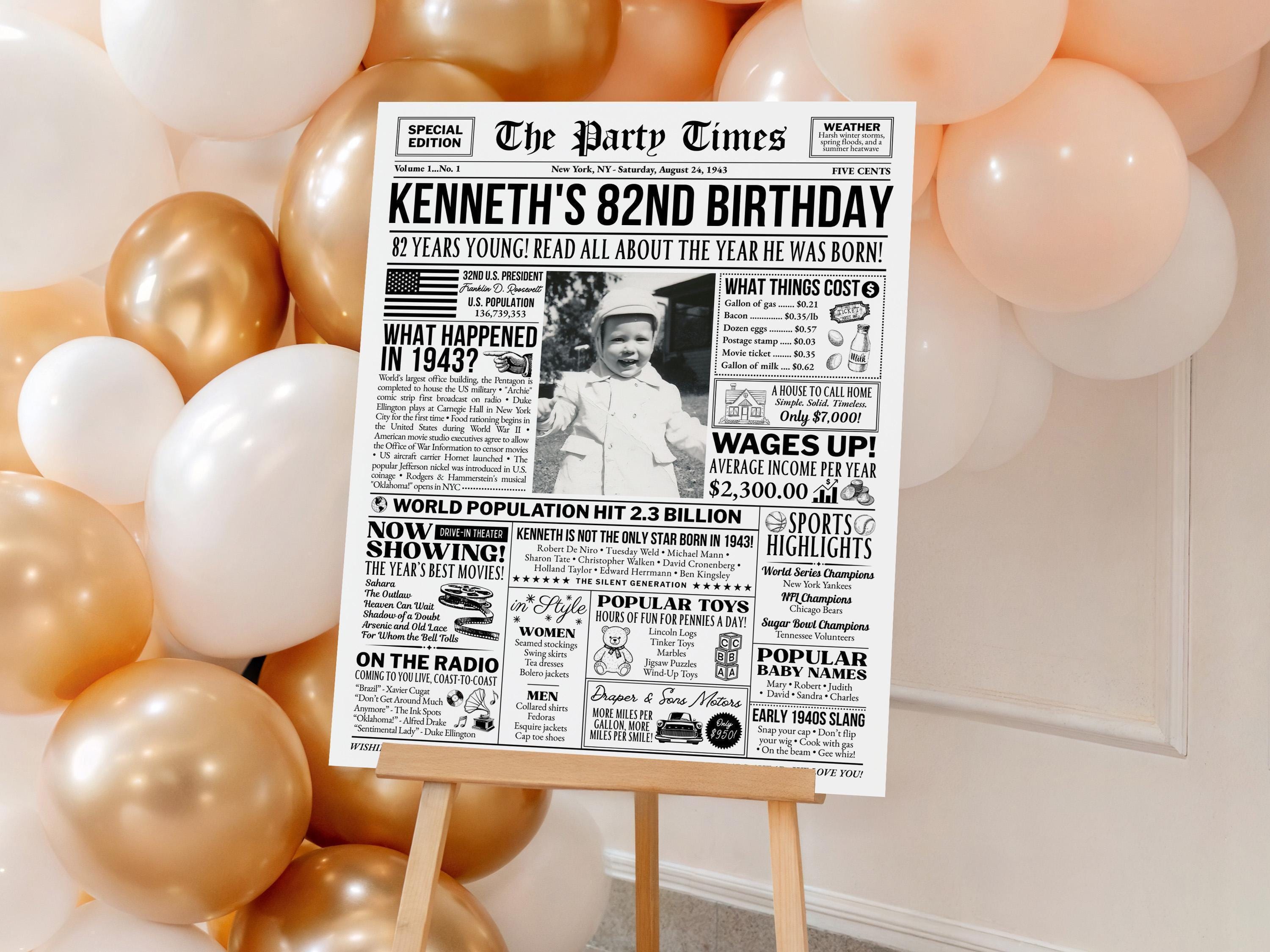 82nd Birthday Newspaper Poster Sign, Back in 1943 USA Facts, Editable 82 Years Ago Vintage Style Birthday Party Decoration, Edit With Canva