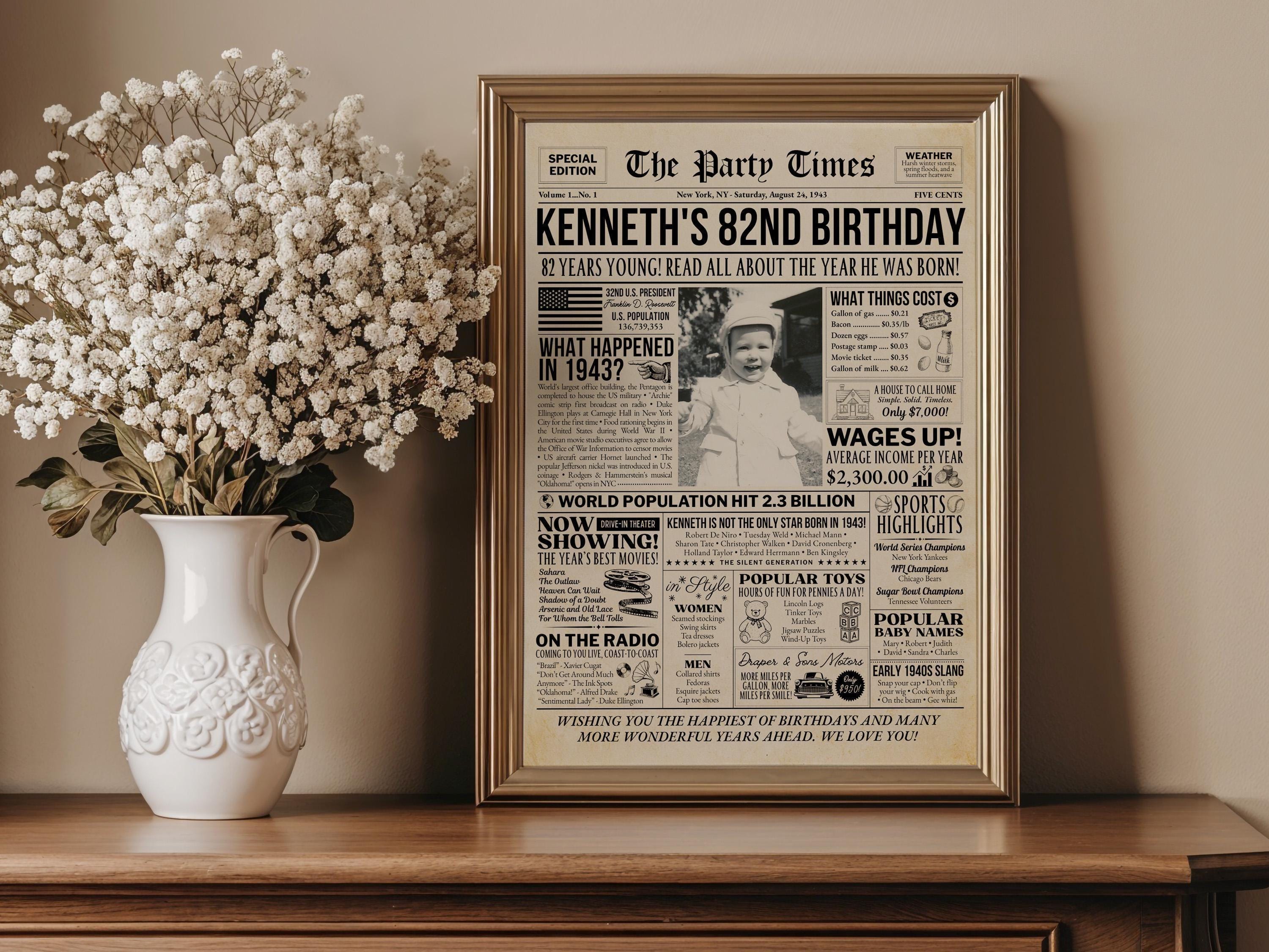 82nd Birthday Newspaper Poster Sign, Back in 1943 USA Facts, Editable 82 Years Ago Vintage Style Birthday Party Decoration, Edit With Canva