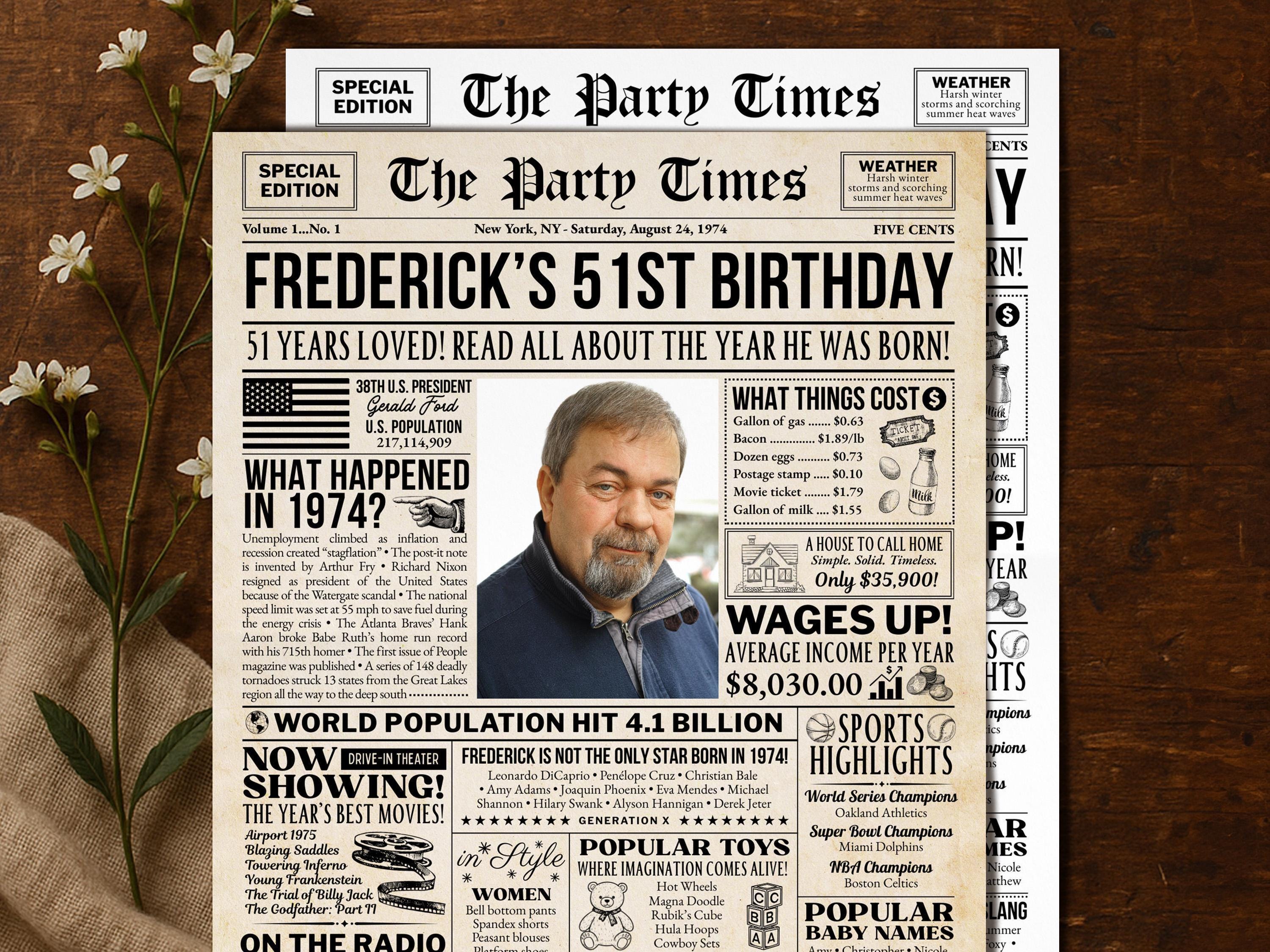 Born in 1974 Newspaper Poster, 51st Birthday Gift, Vintage Style Wall Art, Retro Birthday Decoration, Personalized Keepsake, Edit With Canva