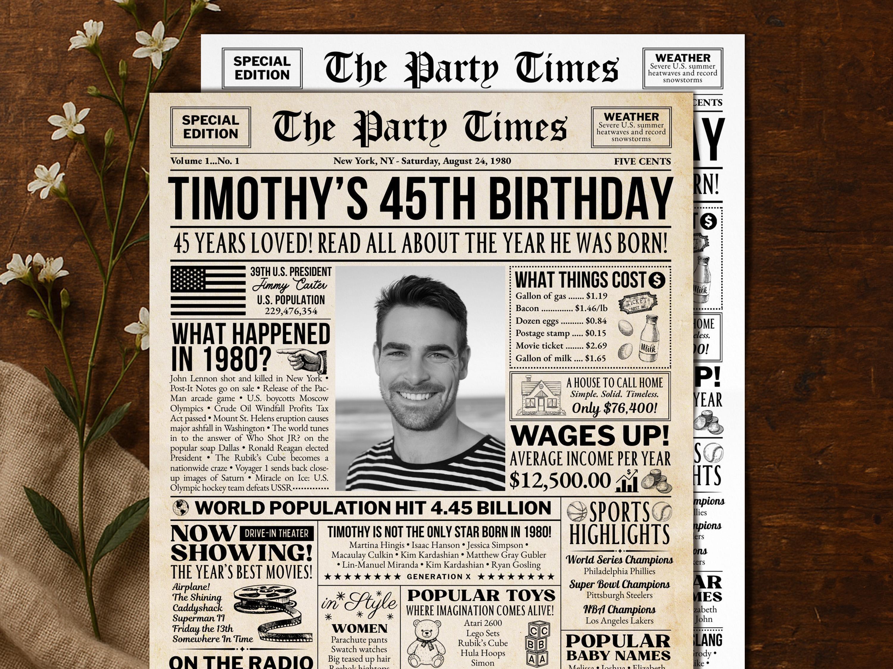 45th Birthday Newspaper Poster, Flashback to 1980, Year You Were Born, 45th Birthday Photo Welcome Trivia Sign Printable, Edit With Canva