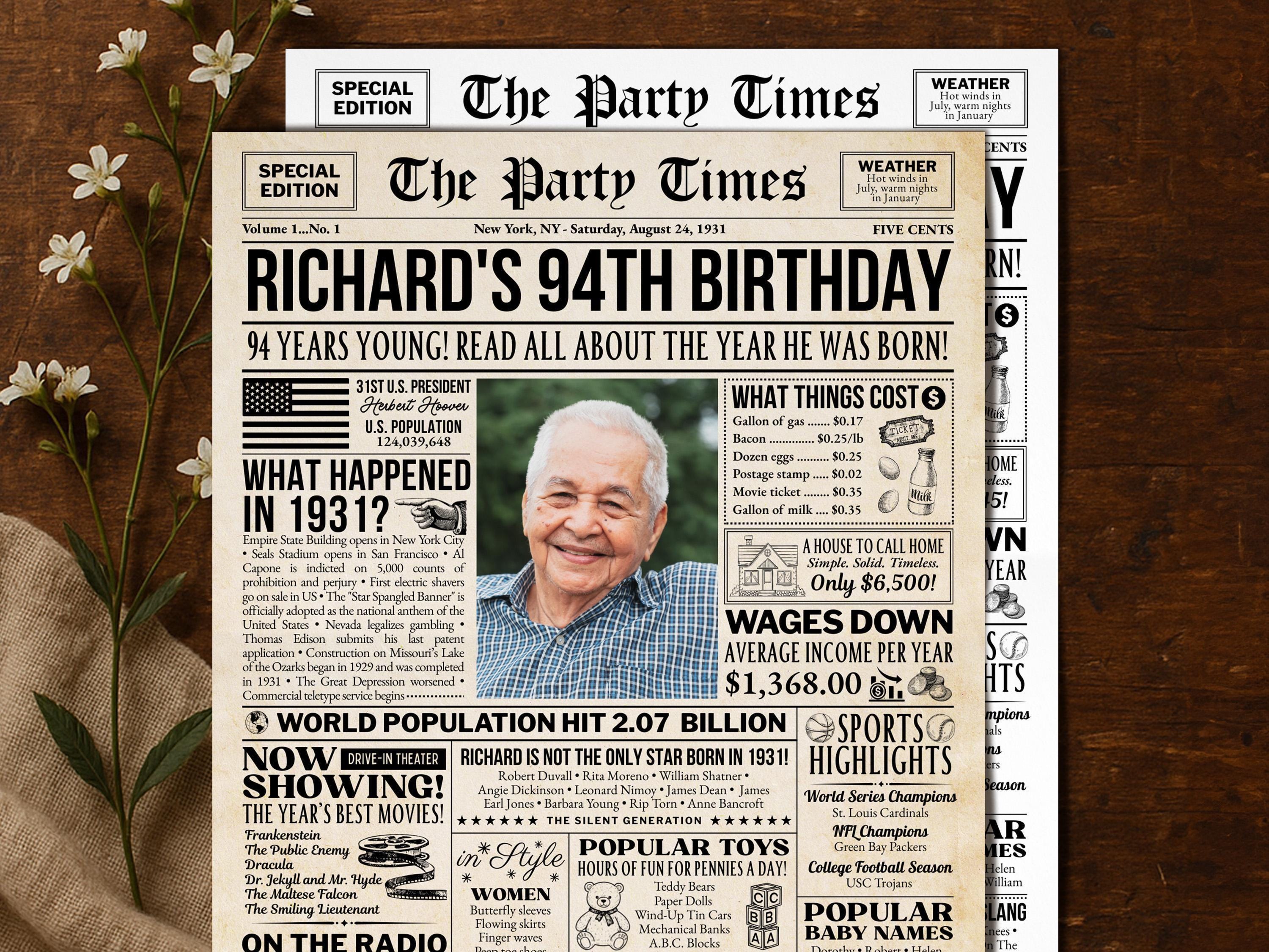 94th Birthday Newspaper Sign, Back in 1931 Poster