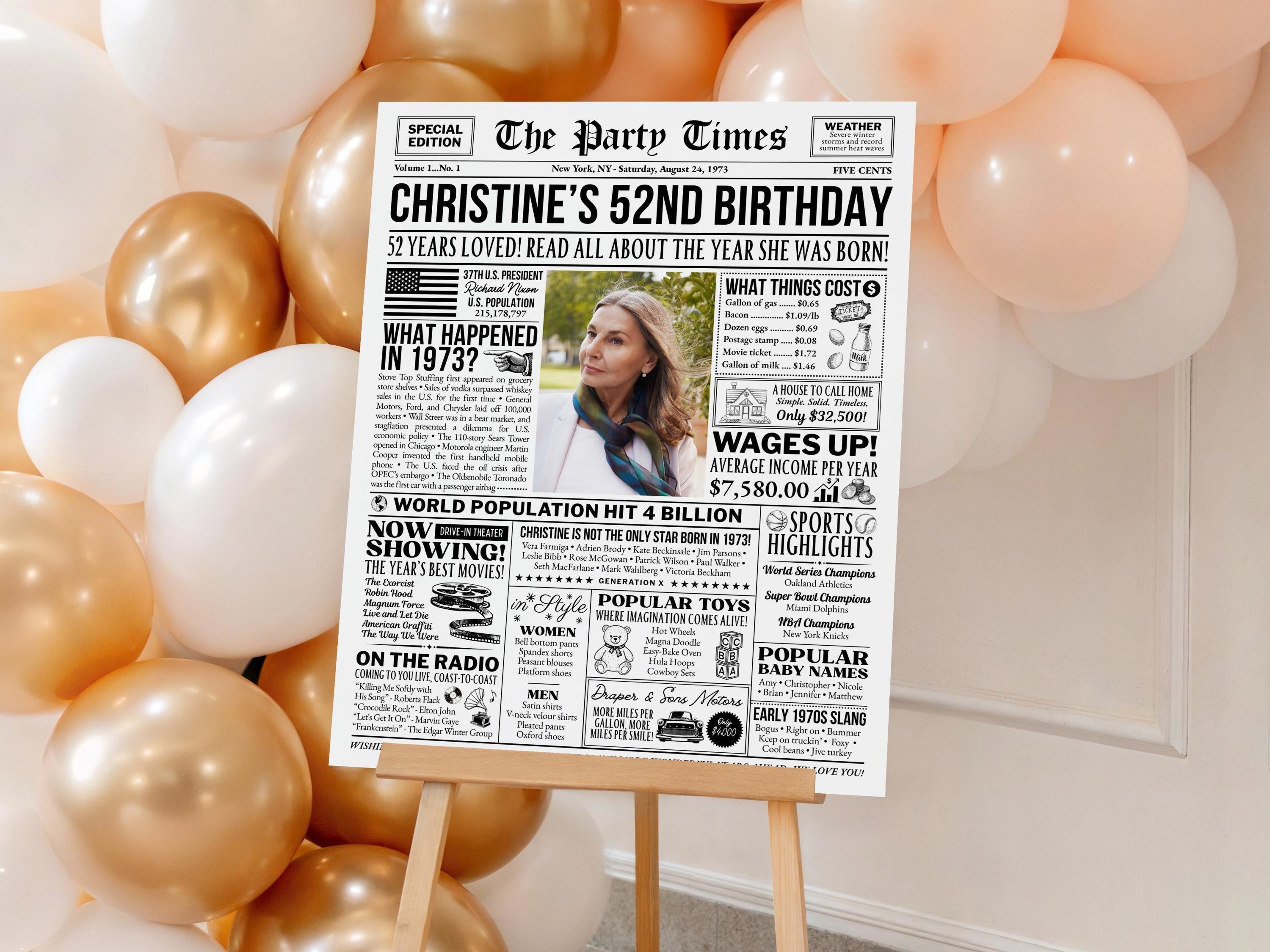 52nd Birthday Gift, Born in 1973 Newspaper Poster, Vintage Style Print, Personalized Birthday Decoration, Wall Art Keepsake, Edit With Canva