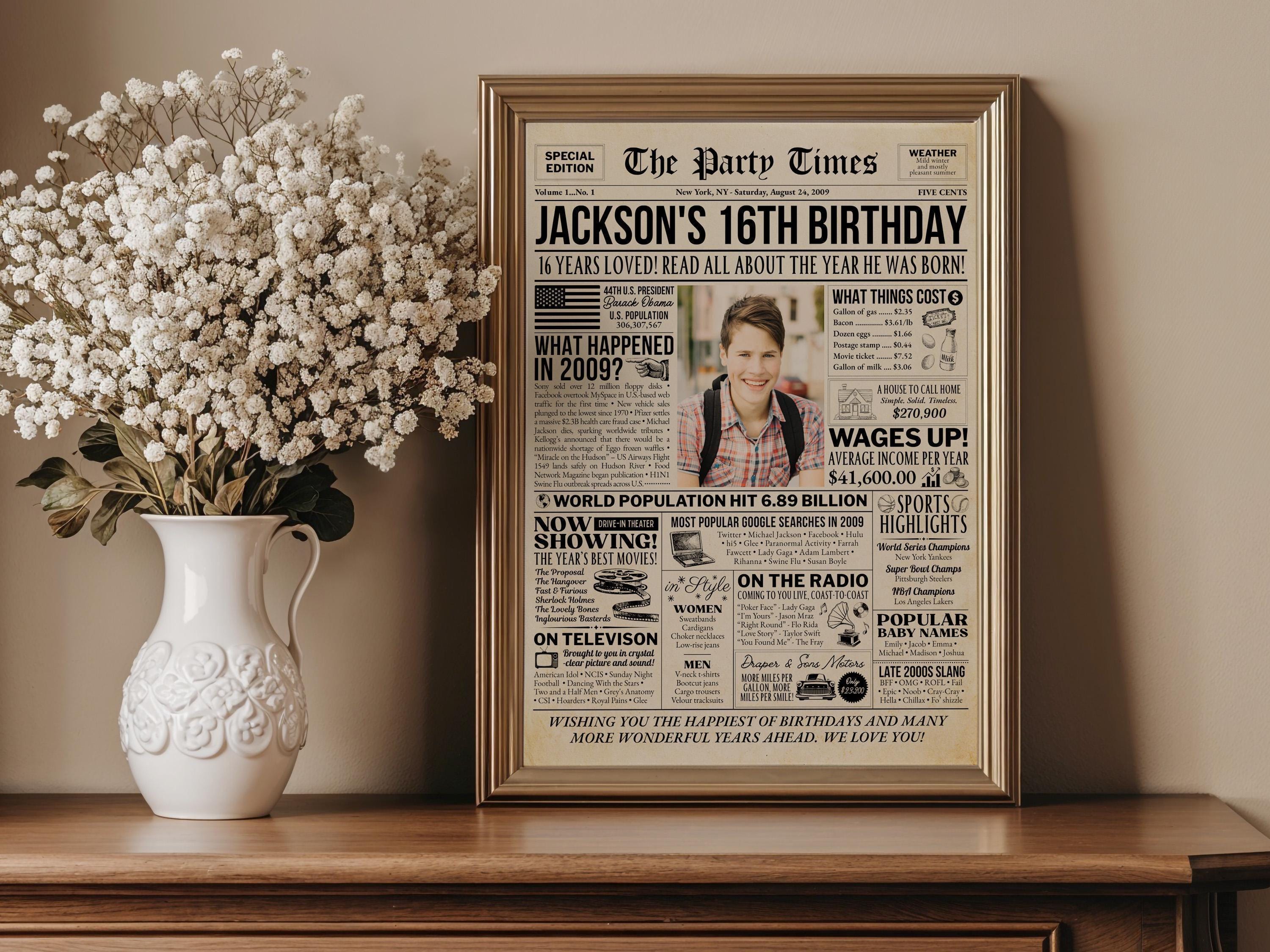 16th Birthday Newspaper Sign, Back in 2009 Vintage Poster, Sweet Sixteen Gift, 2009 USA Facts Party Decoration Print, Edit With Canva