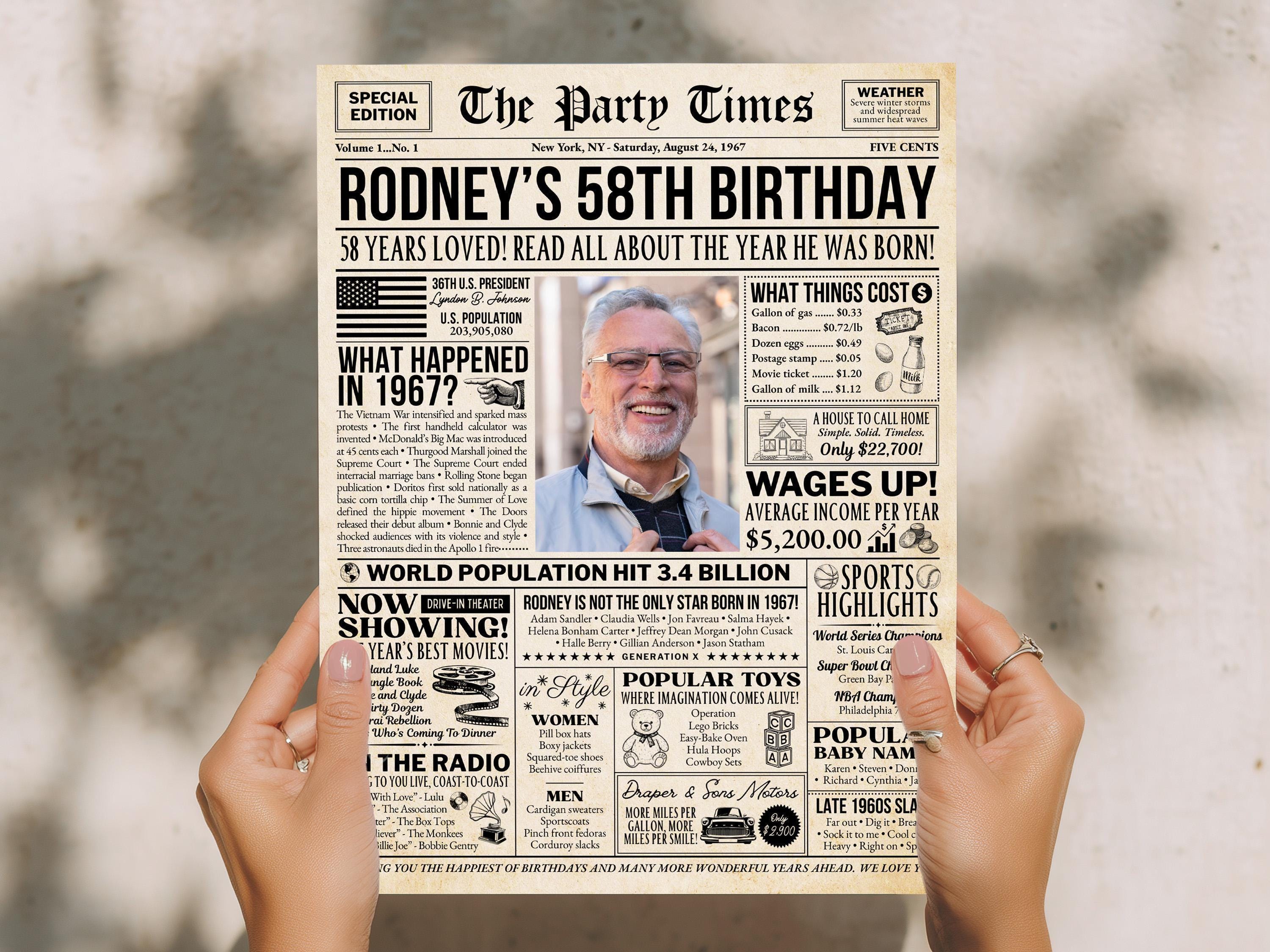 58th Birthday Gift, Back in 1967 Newspaper Poster Sign, Personalized Gift for Grandpa, USA Fun Facts Party Keepsake, Edit With Canva