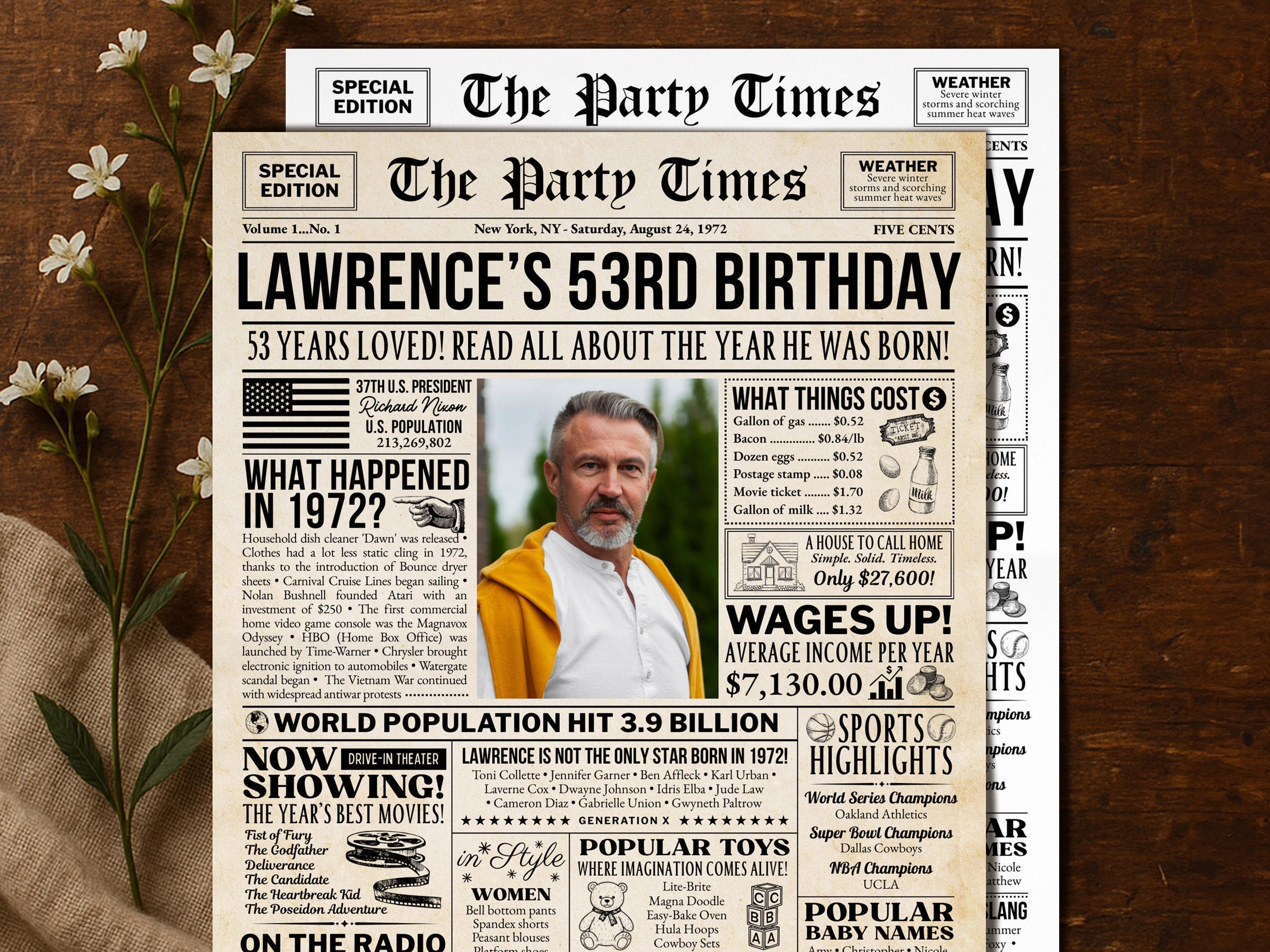 53rd Birthday Gift, Born In 1972 Newspaper Poster, Vintage Retro Birthday Sign Printable, Personalized Gift For Him Or Her, Edit With Canva