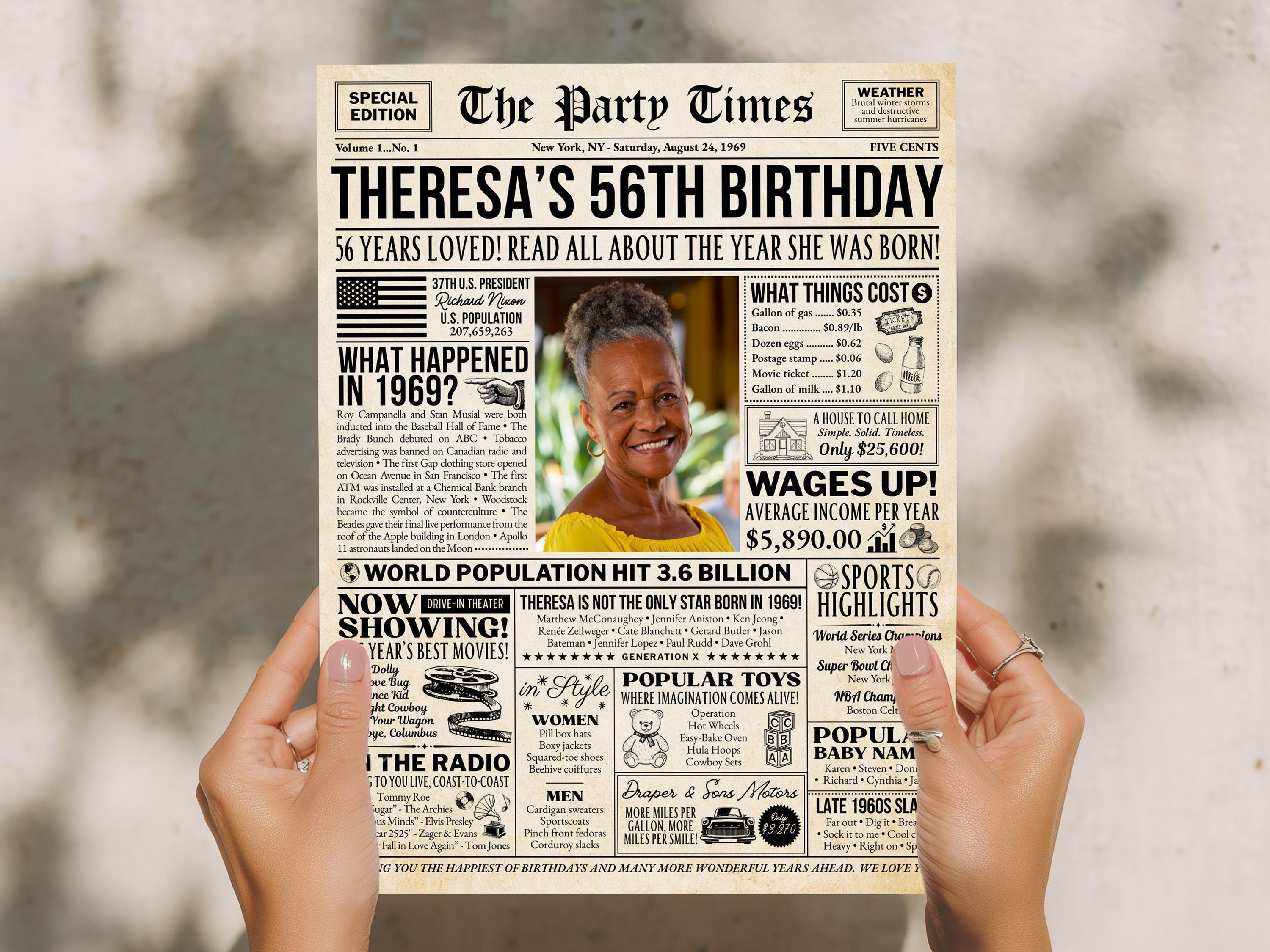 56th Birthday Newspaper Poster Sign, Back in 1969 Birthday Gift For Mom or Dad, Custom Nostalgic Keepsake Printable DIY, Edit With Canva