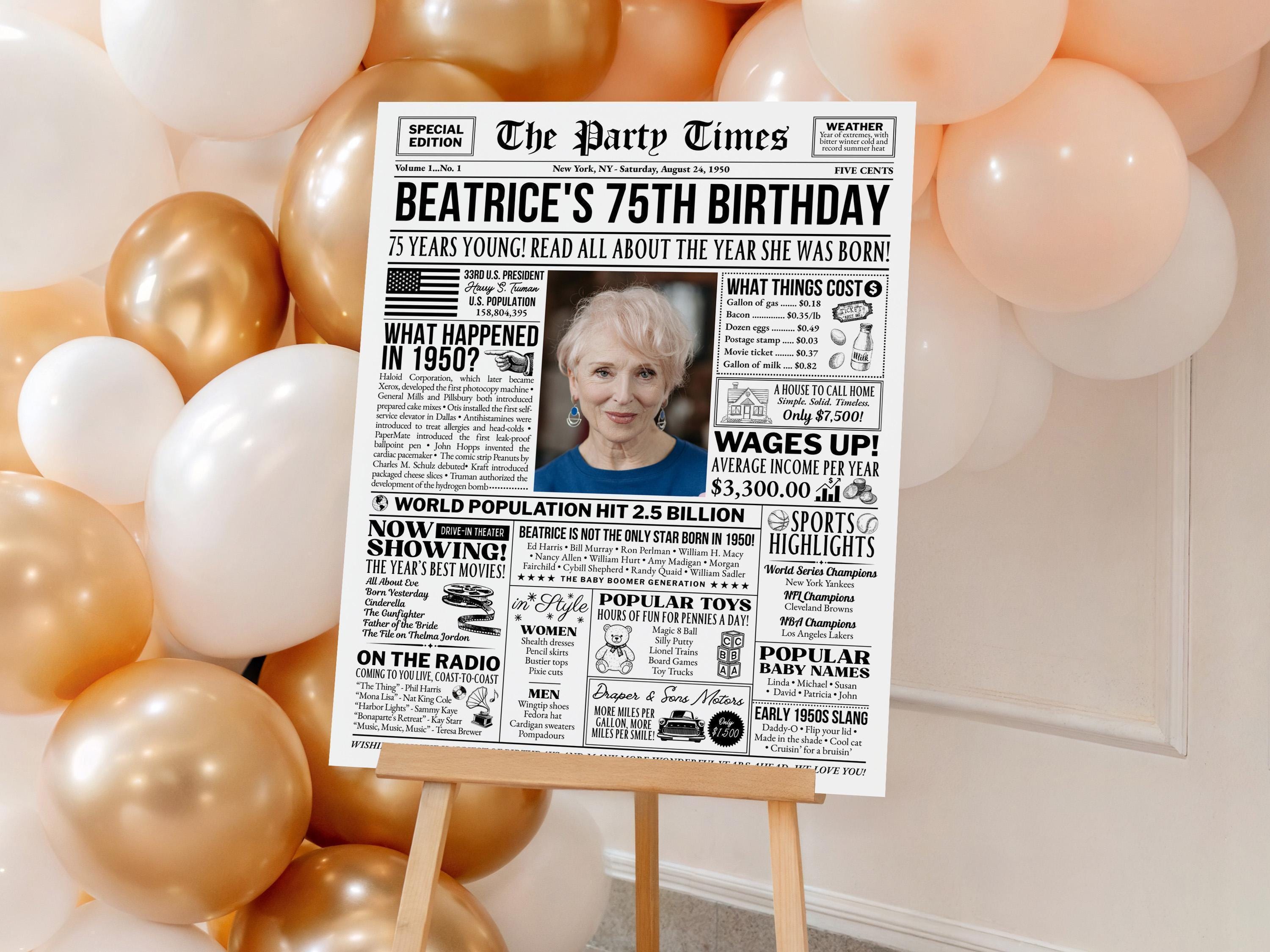 75th Birthday Newspaper Sign, 75 Years Ago Back in 1950 Vintage Poster, Retro Birthday Decoration For Grandma Printable, Edit With Canva