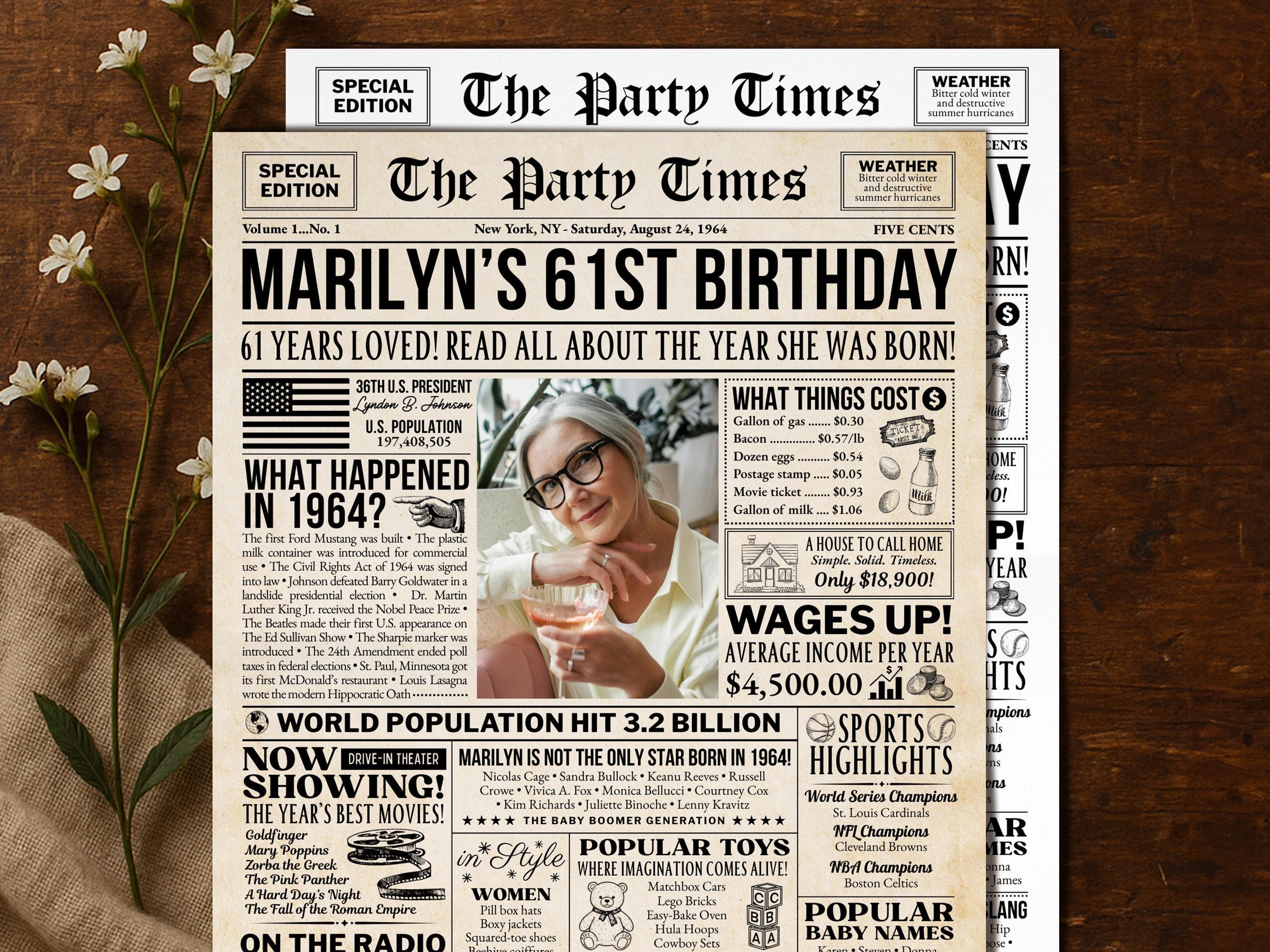 61st Birthday Newspaper Poster Sign, Back in 1964 Gift for Men or Women, 60s Theme Party Milestone Party Decorations, Edit With Canva