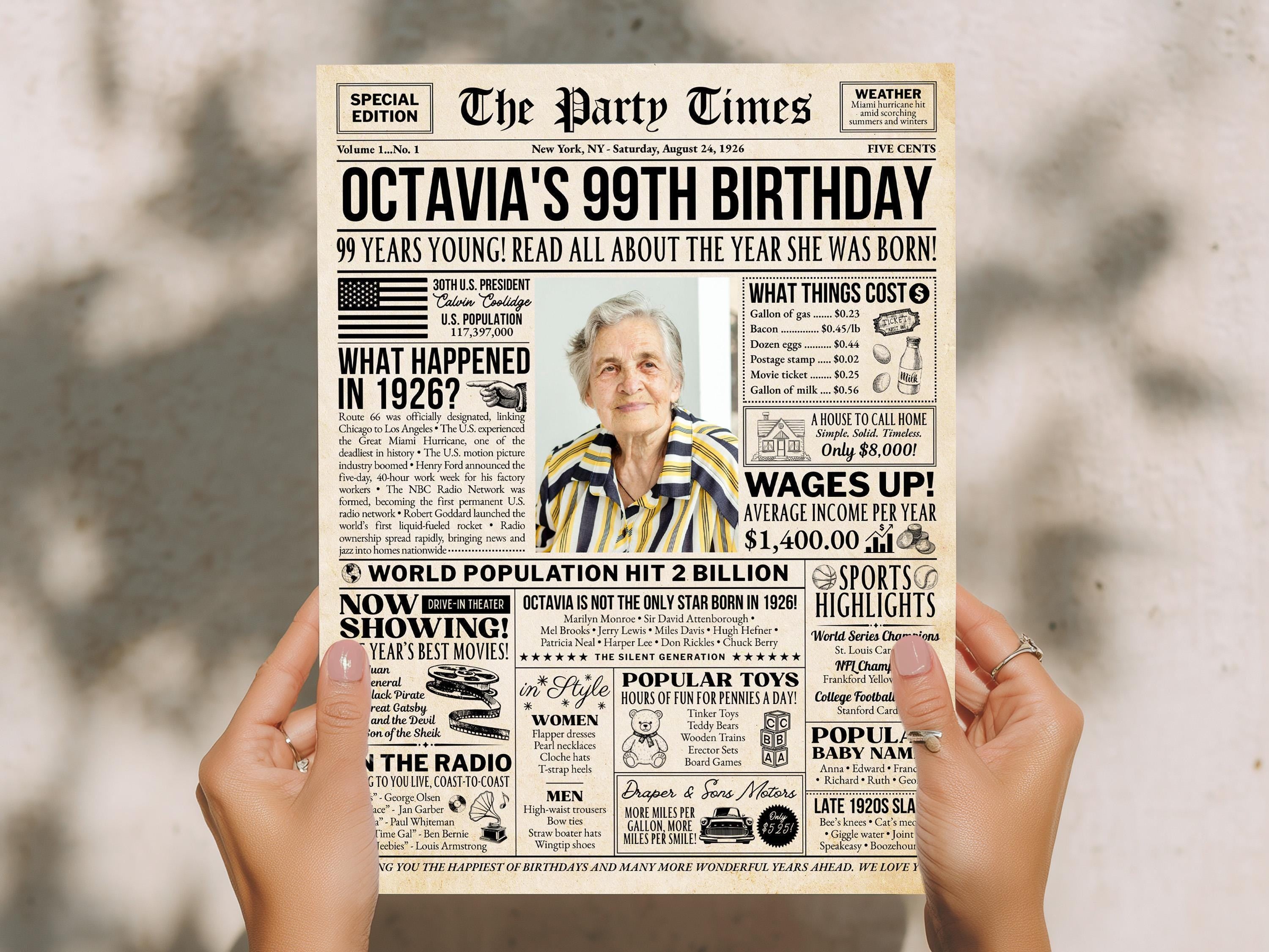 99th Birthday Newspaper Poster Sign, Back in 1926 USA Fun Facts Party Sign, Editable Vintage Style Birthday Decoration, Edit With Canva