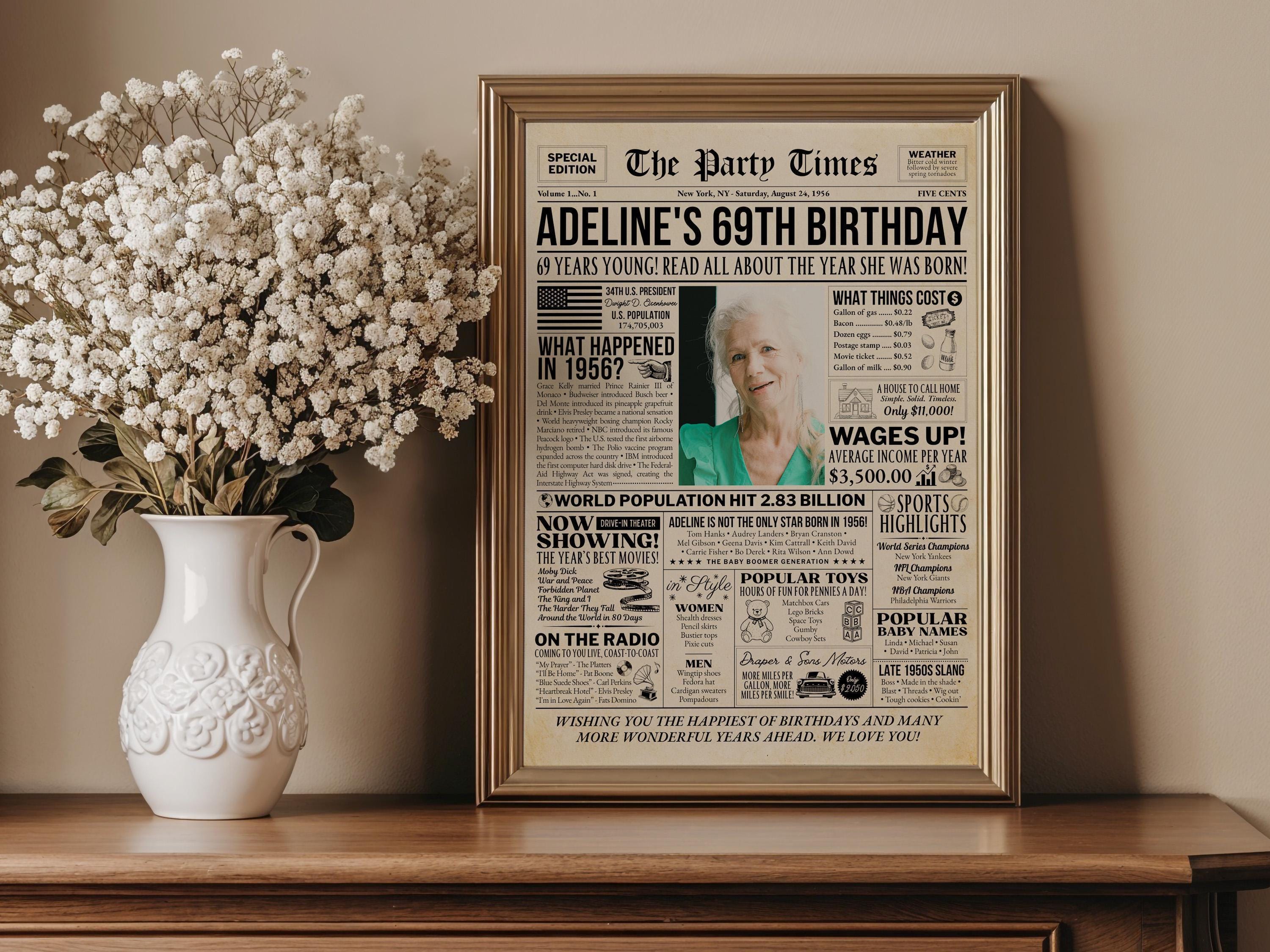 69th Birthday Newspaper Poster Sign, Back in 1956 USA Fun Facts Party Sign, Editable 50s Throwback Party Decoration, Edit With Canva