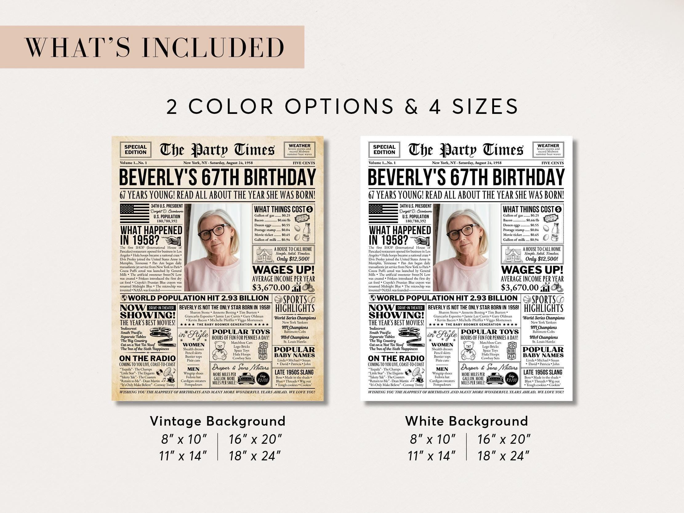 67th Birthday Gift, Back in 1958 Newspaper Poster, Personalized Gift for Granny, Unique Vintage Birthday Keepsake Printable, Edit With Canva