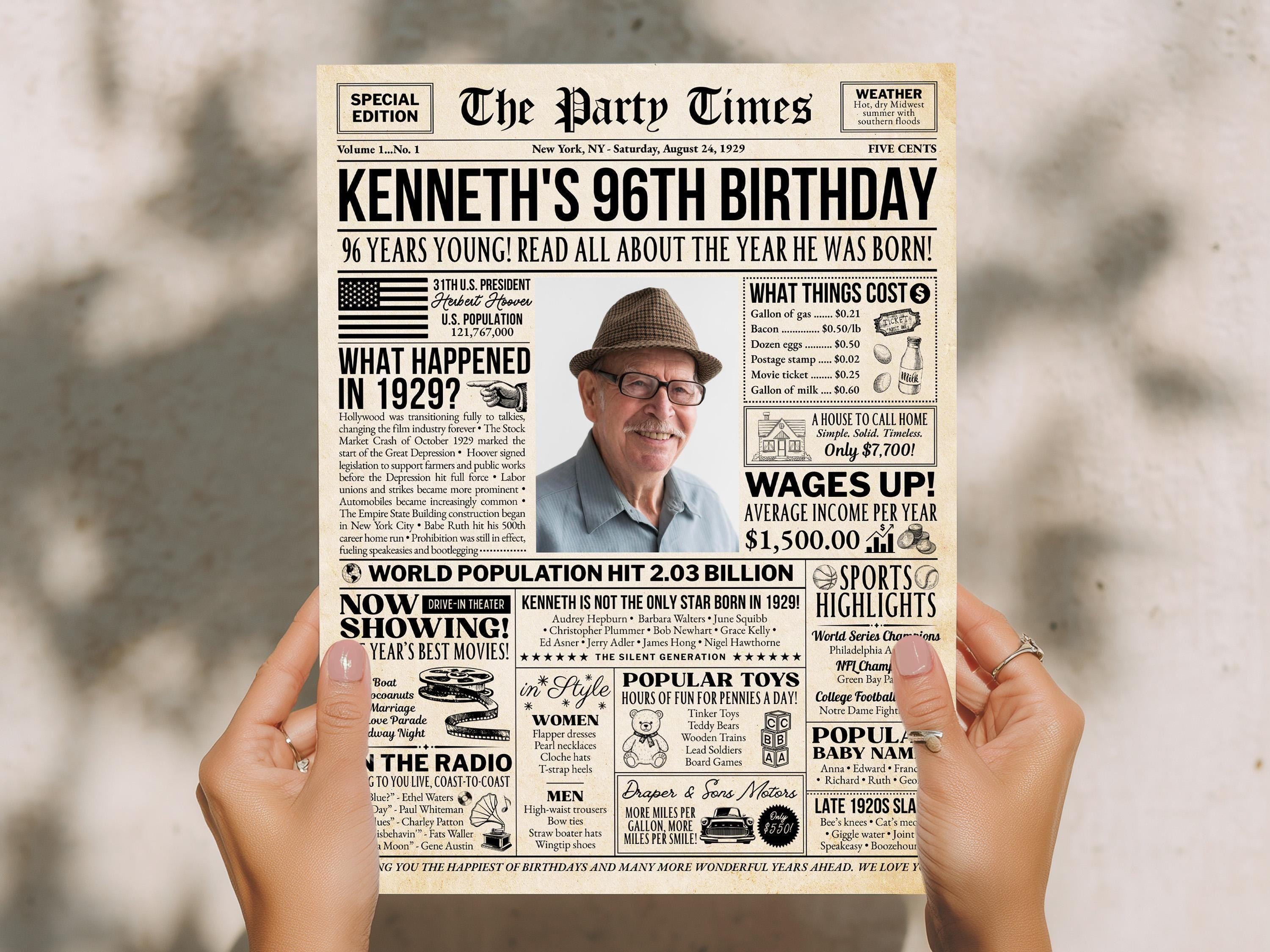 96th Birthday Newspaper Poster Sign, Born In 1929 Birthday Milestone Keepsake Gift, Editable Party Decorations Printable, Edit With Canva