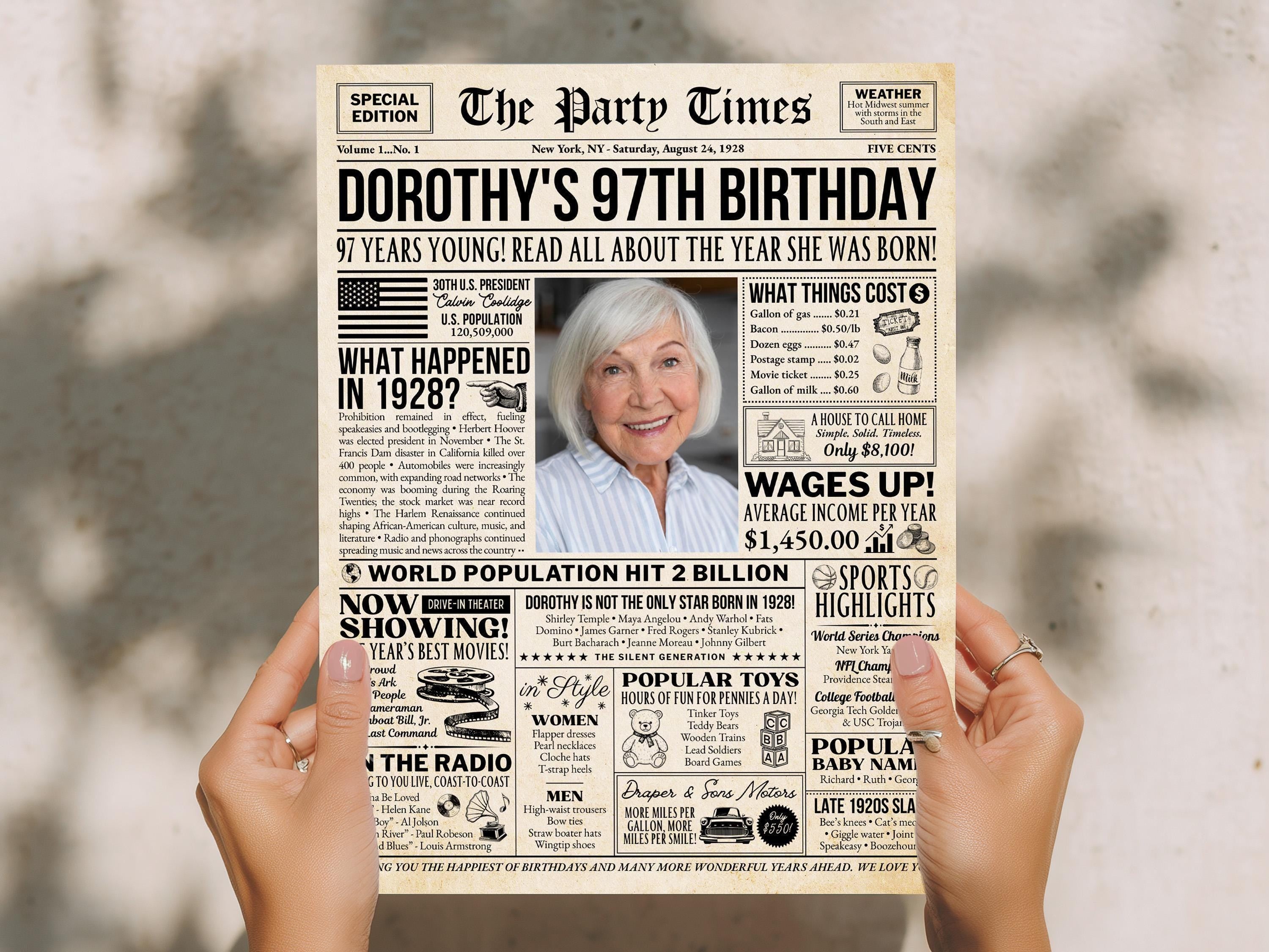 97th Birthday Newspaper Poster Sign, Back In 1928 Birthday Gift, 50s Theme Party Year in Review Keepsake Printable, Edit With Canva