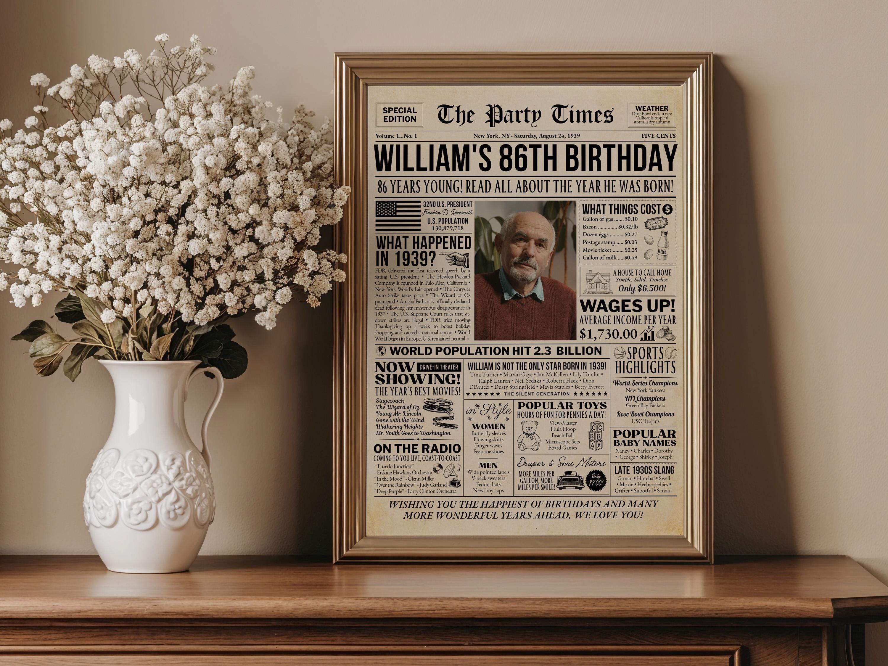 86th Birthday Gift, Back in 1939 Newspaper Poster Sign, 30s Theme Party Personalized Gift, USA Fun Facts Party Keepsake, Edit With Canva