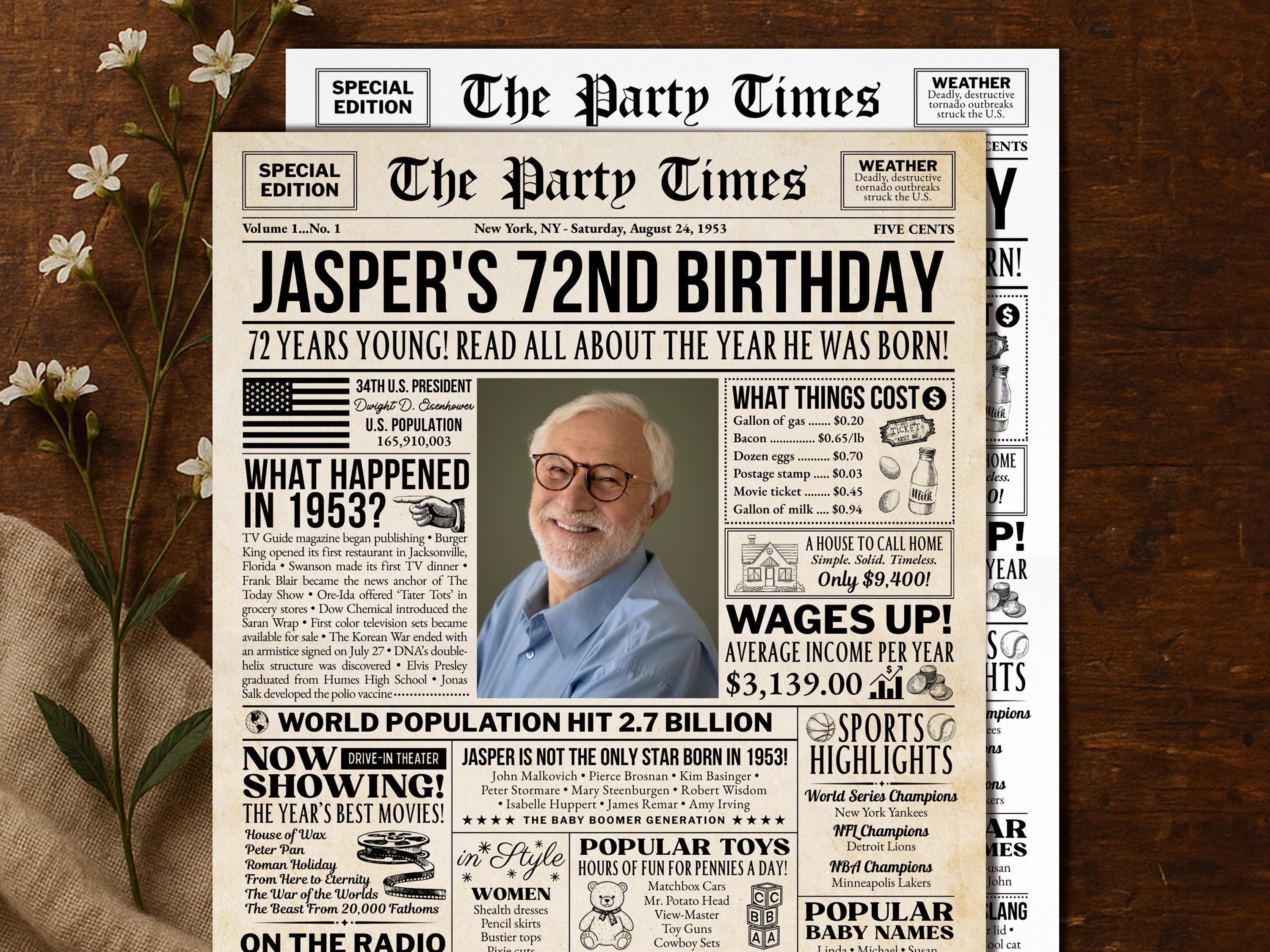 72nd Birthday Newspaper Poster, Back In 1953 Party Welcome Decoration Sign, Editable 72 Years Loved Any Age Printable, Edit With Canva