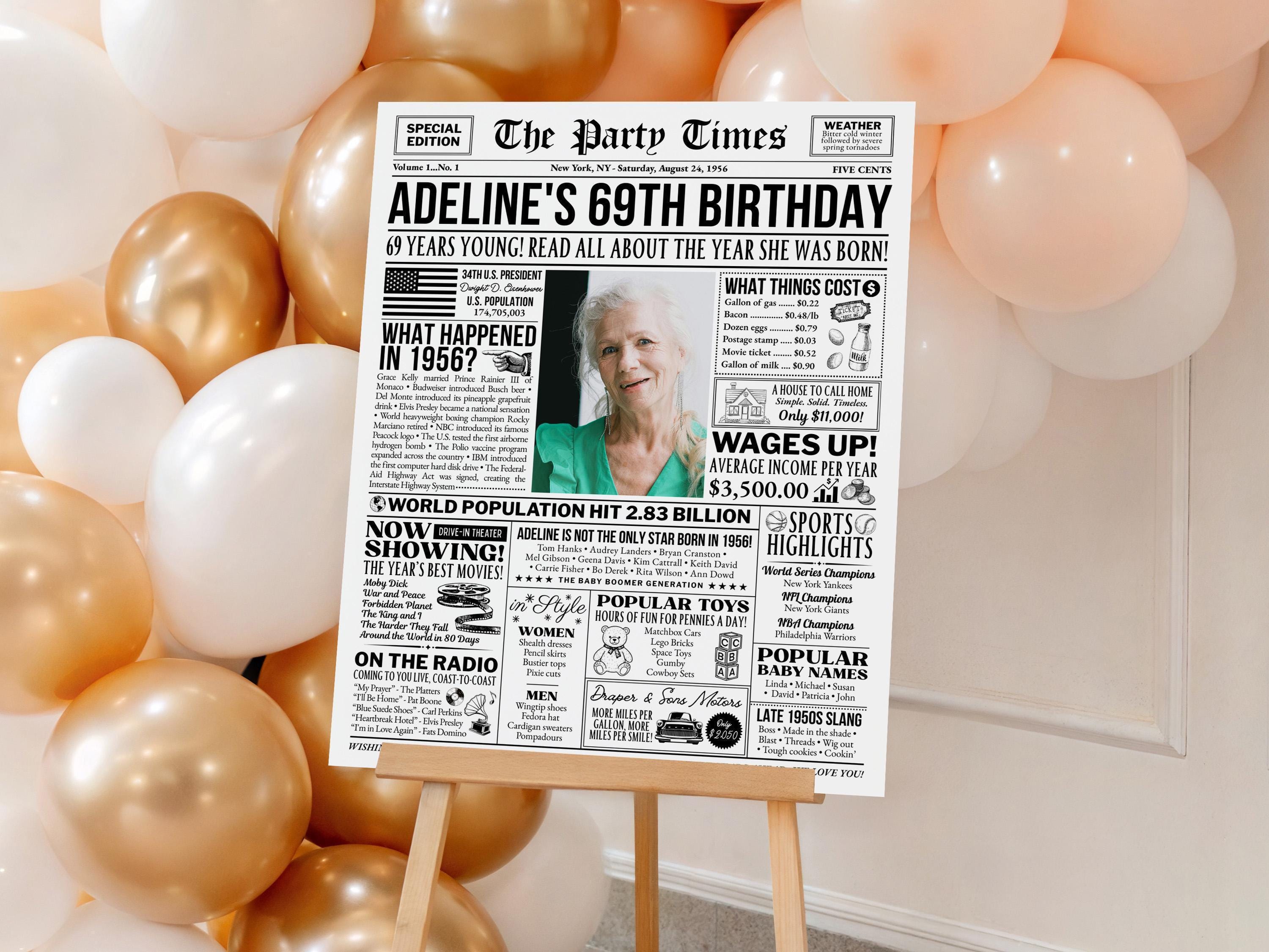 69th Birthday Newspaper Poster Sign, Back in 1956 USA Fun Facts Party Sign, Editable 50s Throwback Party Decoration, Edit With Canva