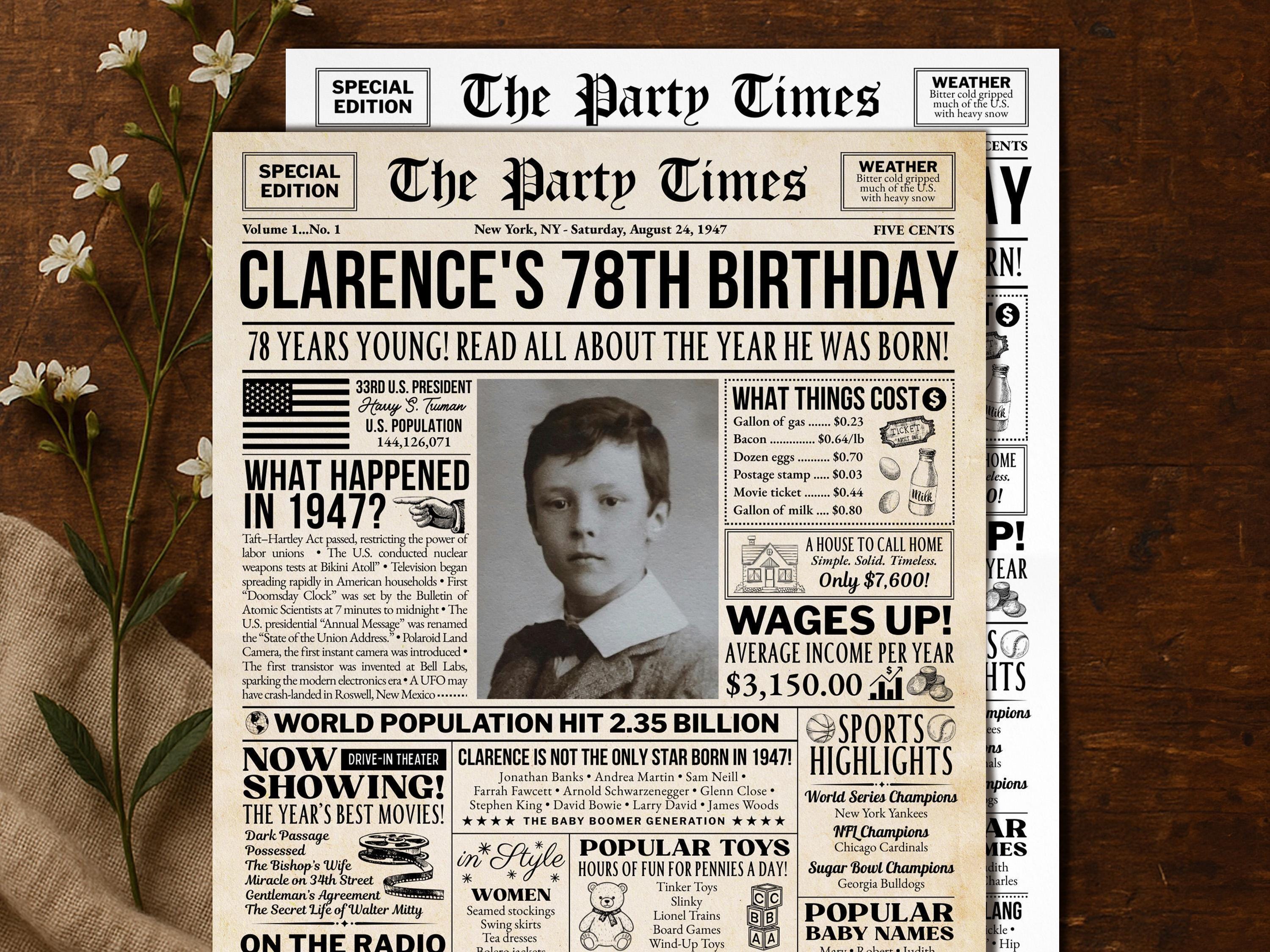 78th Birthday Gift, Born In 1947 Newspaper Poster, Vintage Retro Birthday Sign, 40s Theme Party Gift For Him Or Her, Edit With Canva