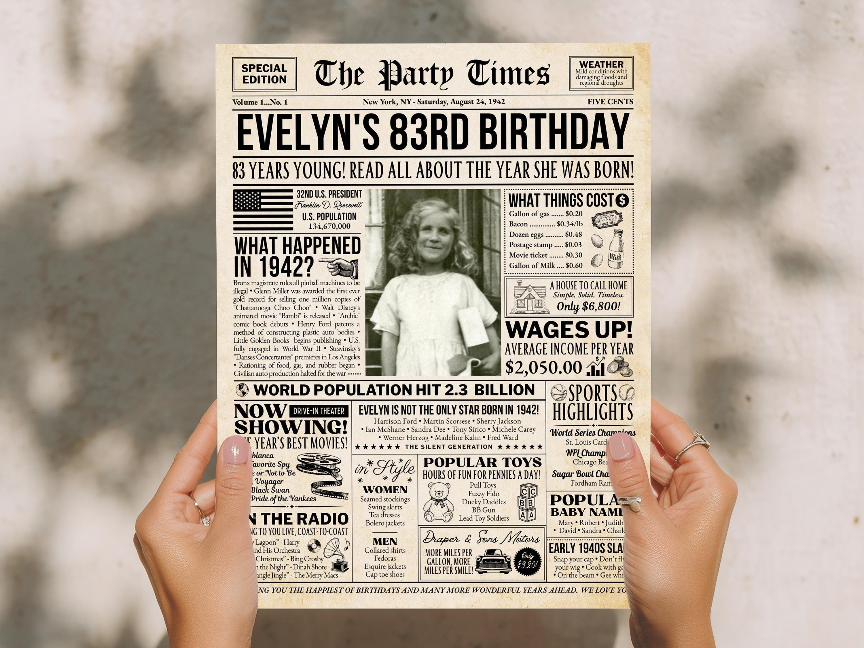 83rd Birthday Newspaper Poster Sign, Back in 1942 USA Fun Facts Party Sign, Editable Vintage Style Birthday Decoration, Edit With Canva