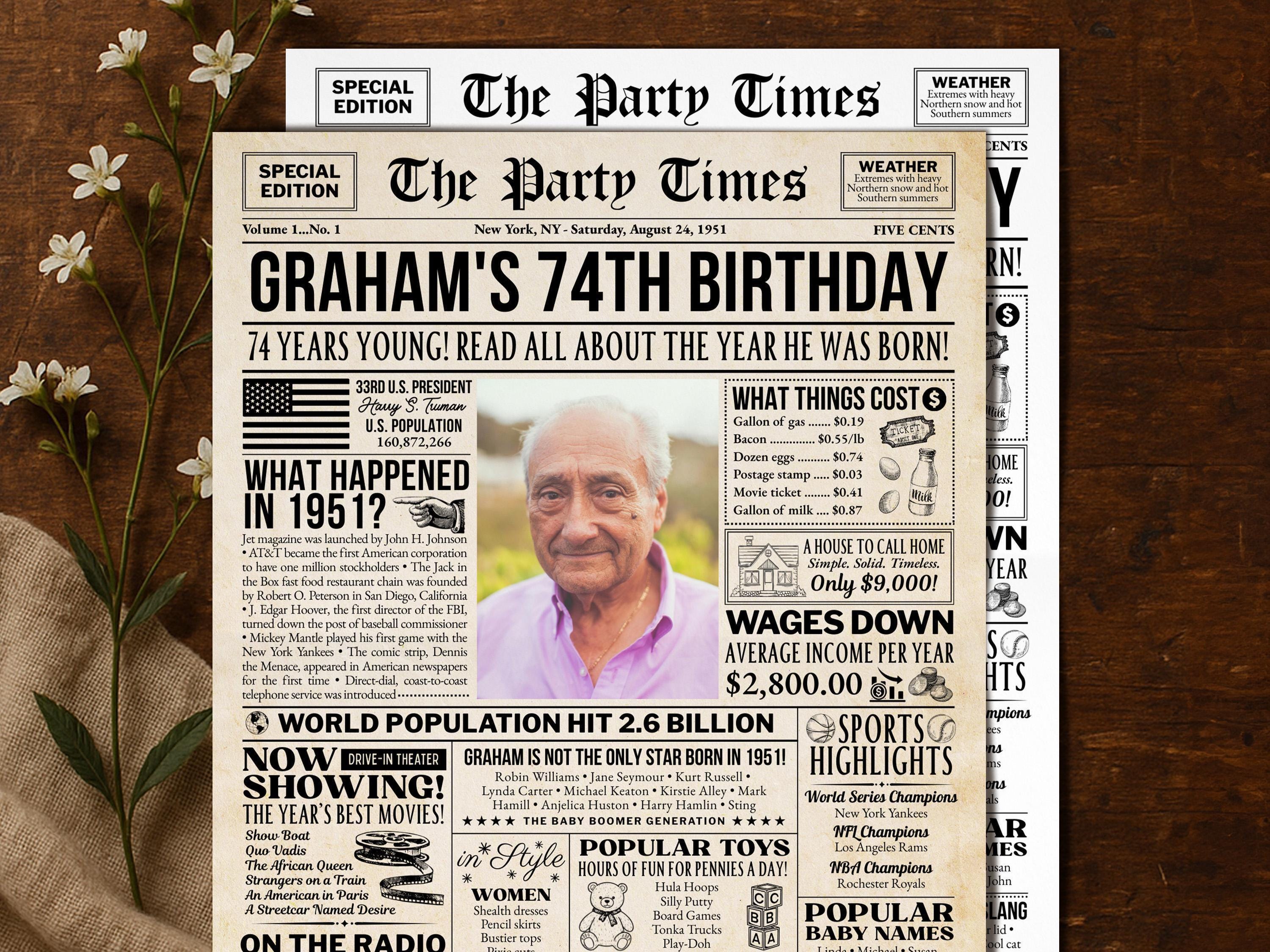 74th Birthday Gift, Back in 1951 Newspaper Poster, Editable What Happened in 1951 Vintage Sign, Gift for Mom or Dad, Edit With Canva