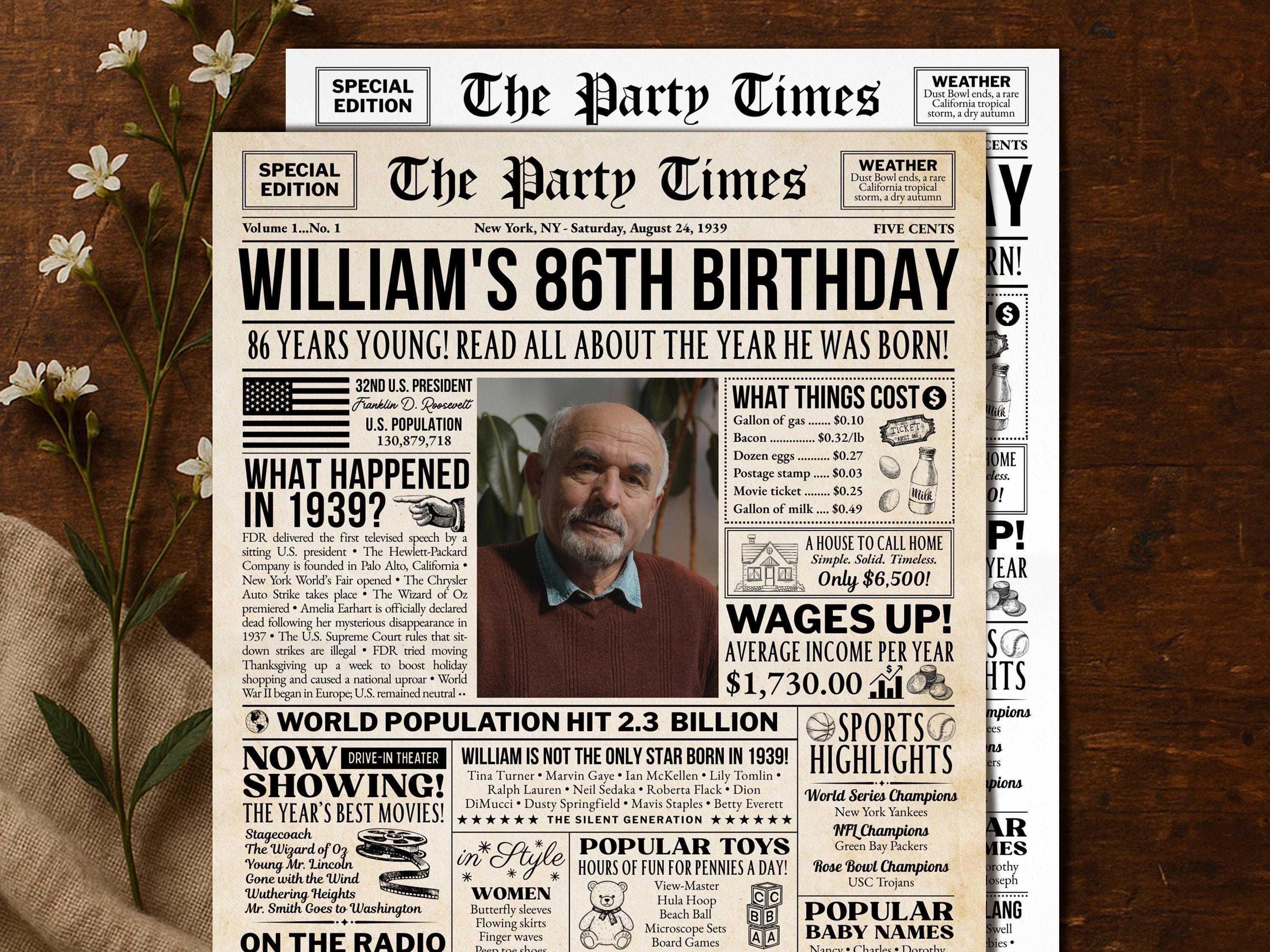 86th Birthday Gift, Back in 1939 Newspaper Poster Sign