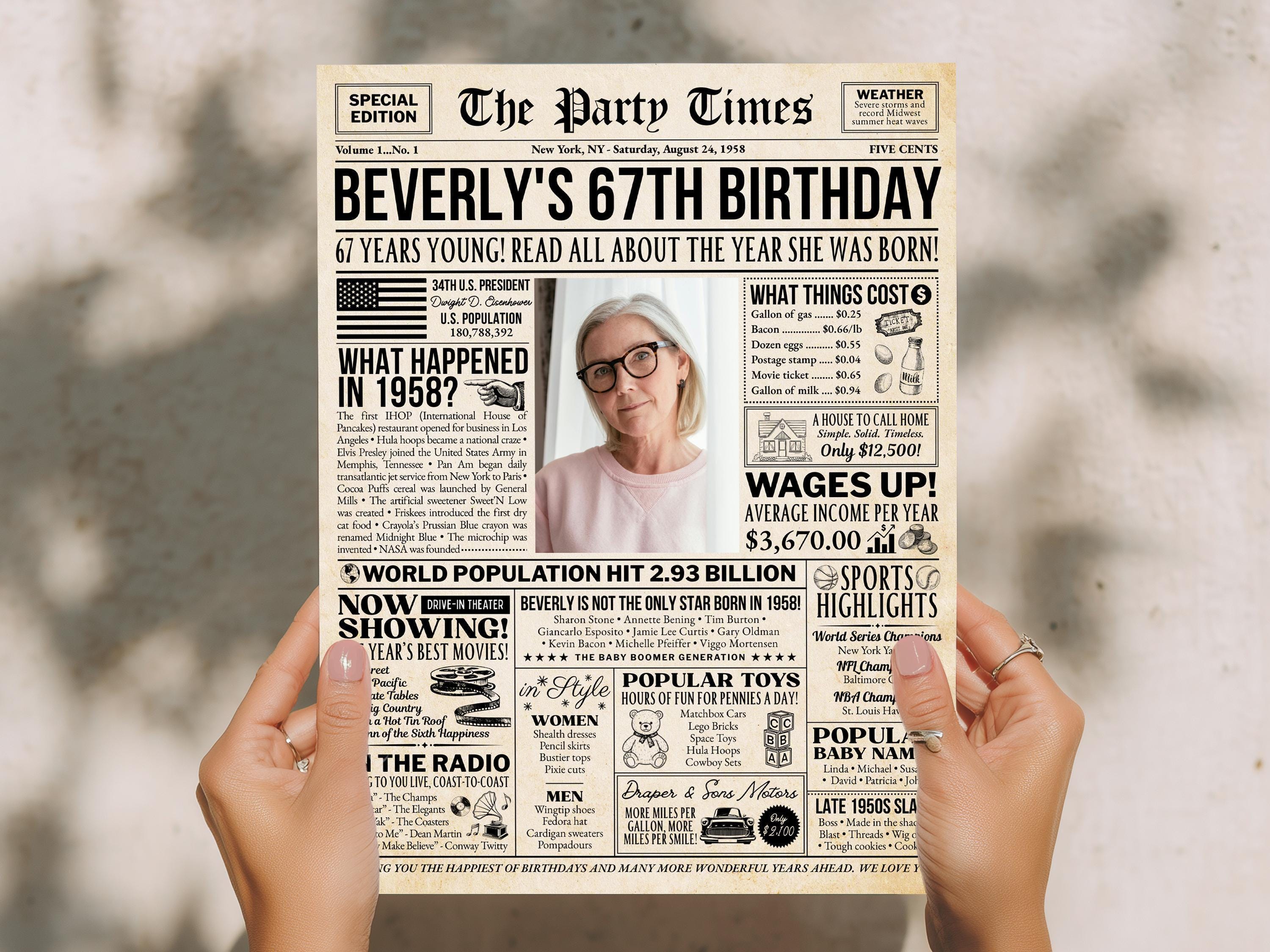 67th Birthday Gift, Back in 1958 Newspaper Poster, Personalized Gift for Granny, Unique Vintage Birthday Keepsake Printable, Edit With Canva