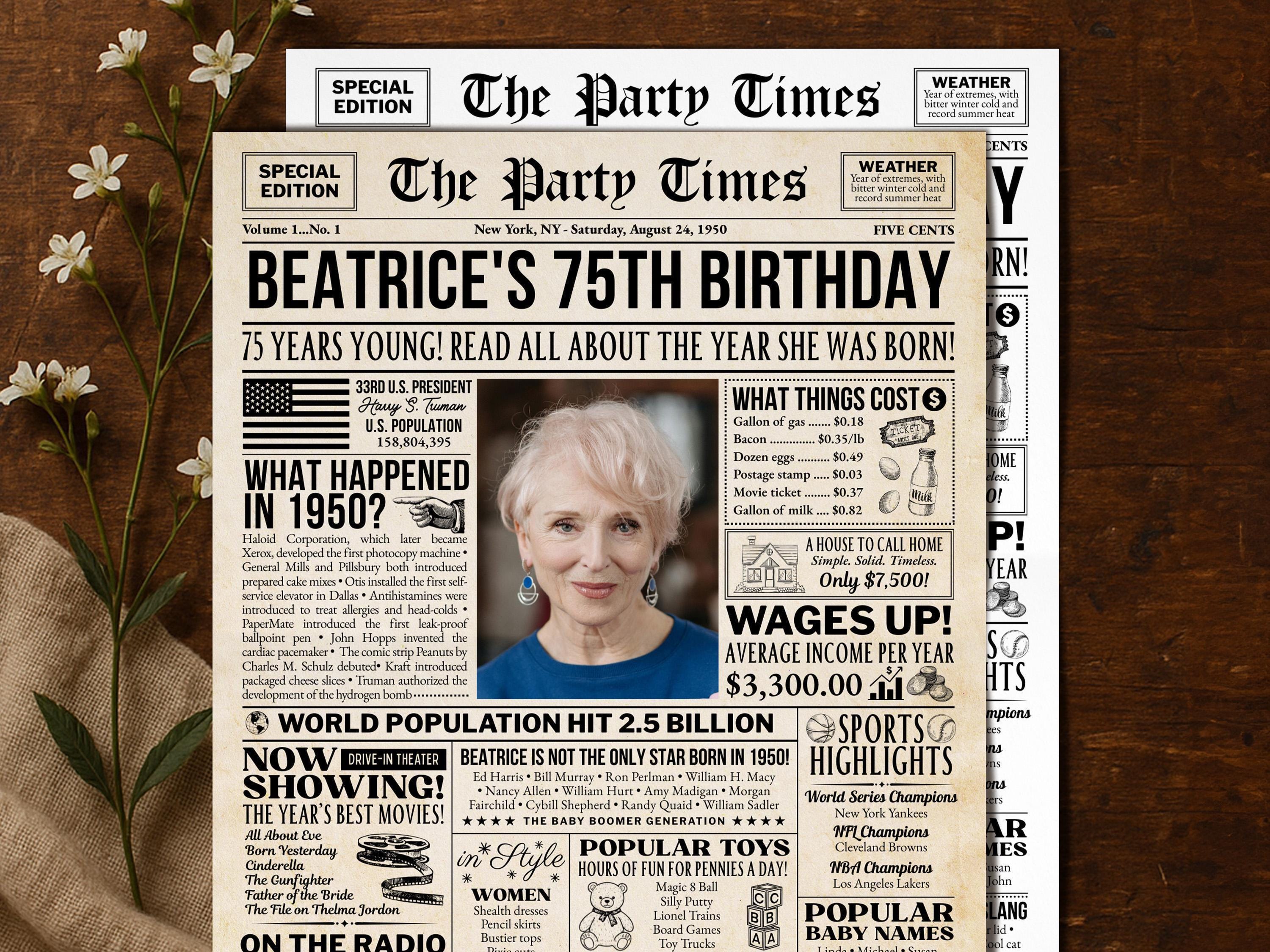 75th Birthday Newspaper Sign, 75 Years Ago Back in 1950 Vintage Poster, Retro Birthday Decoration For Grandma Printable, Edit With Canva